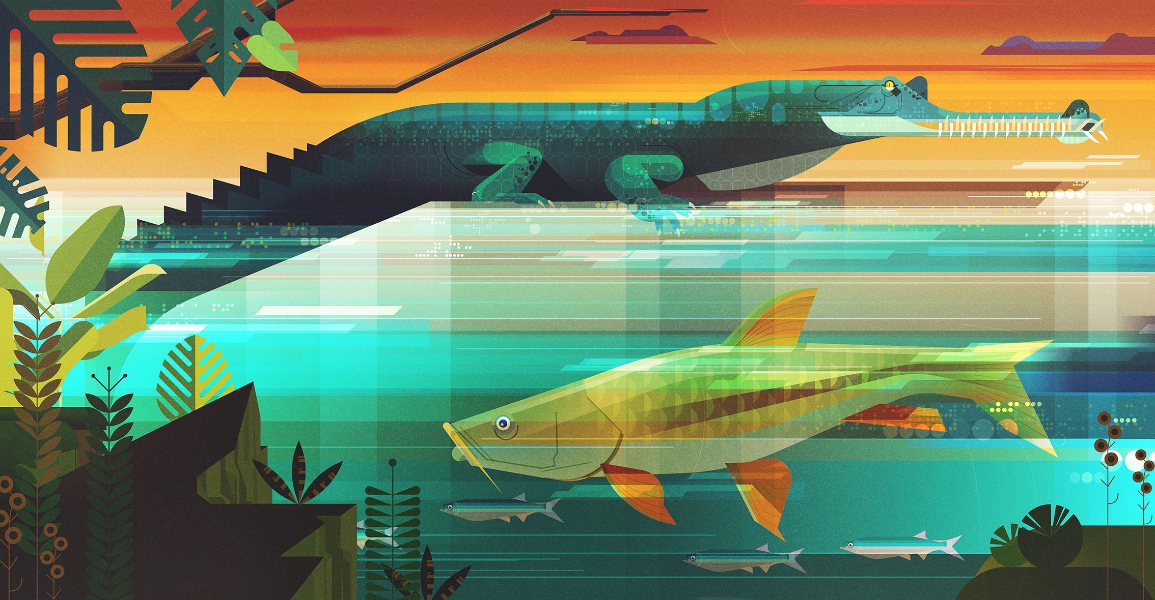 Digital art illustration of a crocodile and fish HD Wallpaper