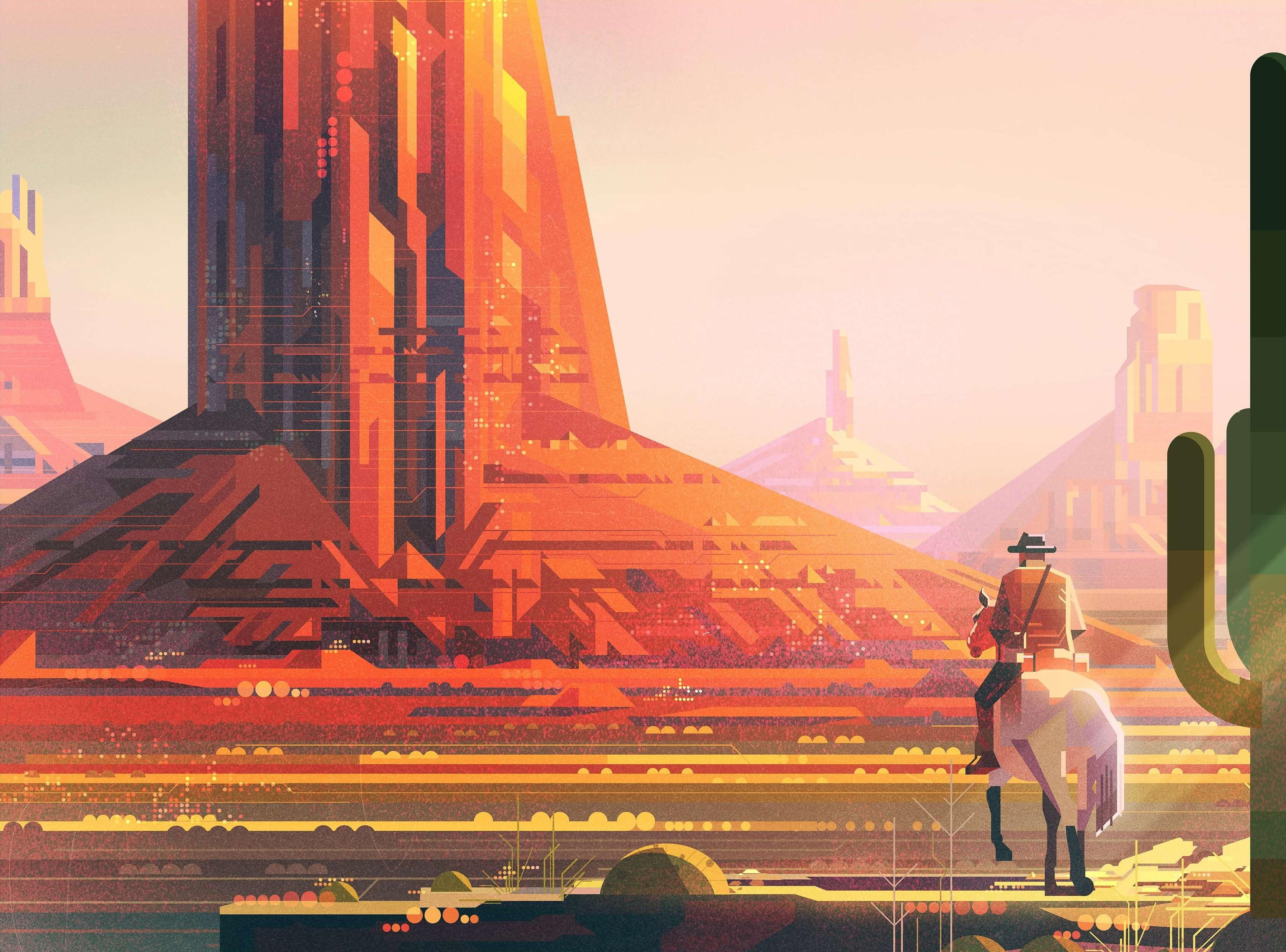 Cowboy on horseback in a futuristic desert landscape HD Wallpaper