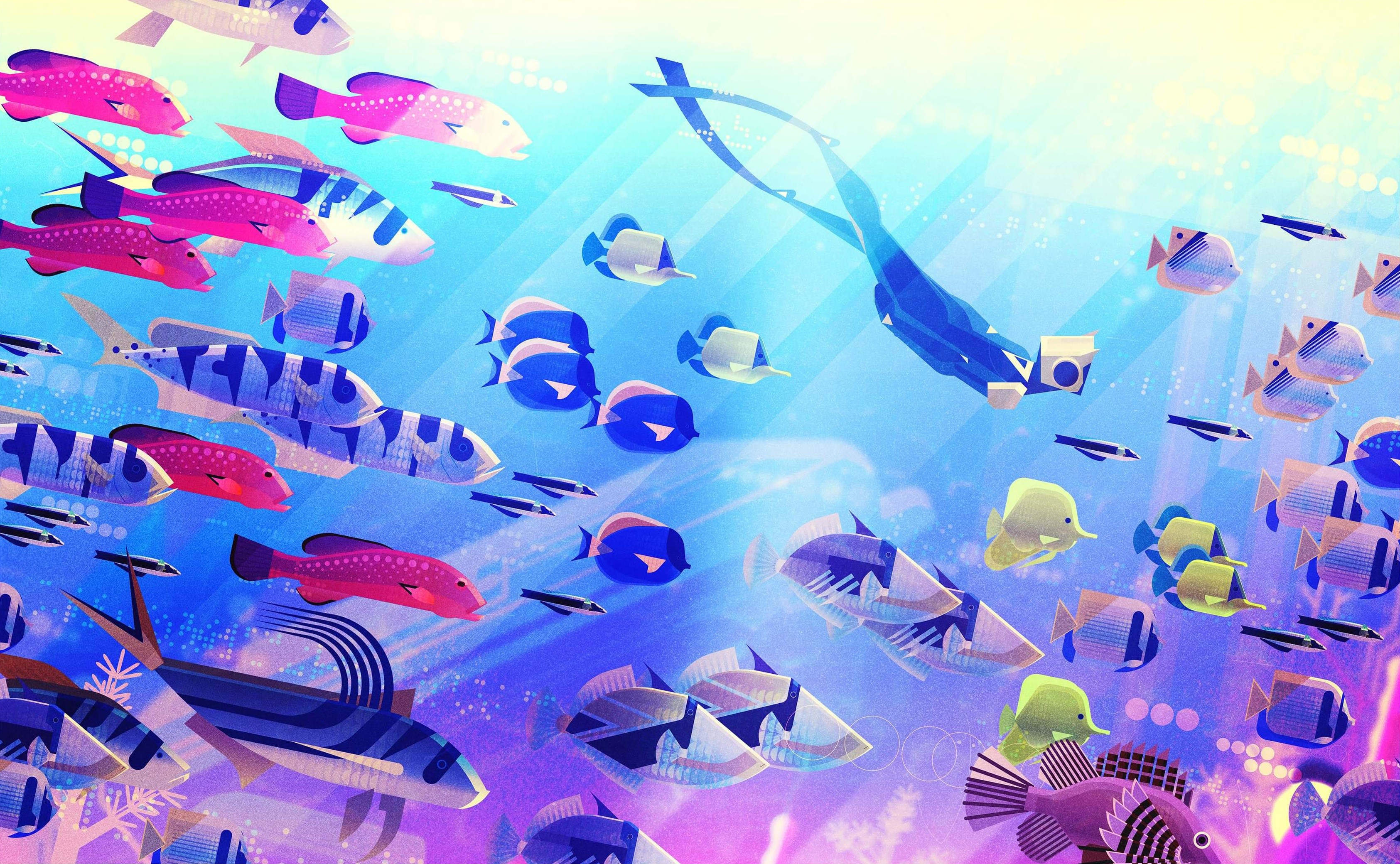 Digital art of a diver and fish underwater HD Wallpaper