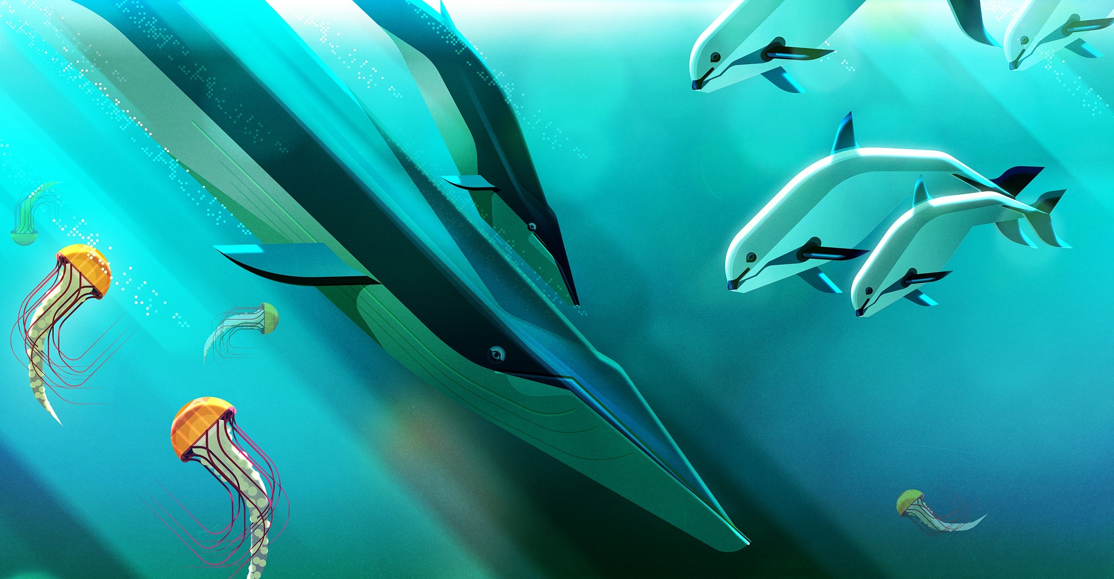 Digital art illustration of dolphins and jellyfish underwater HD Wallpaper