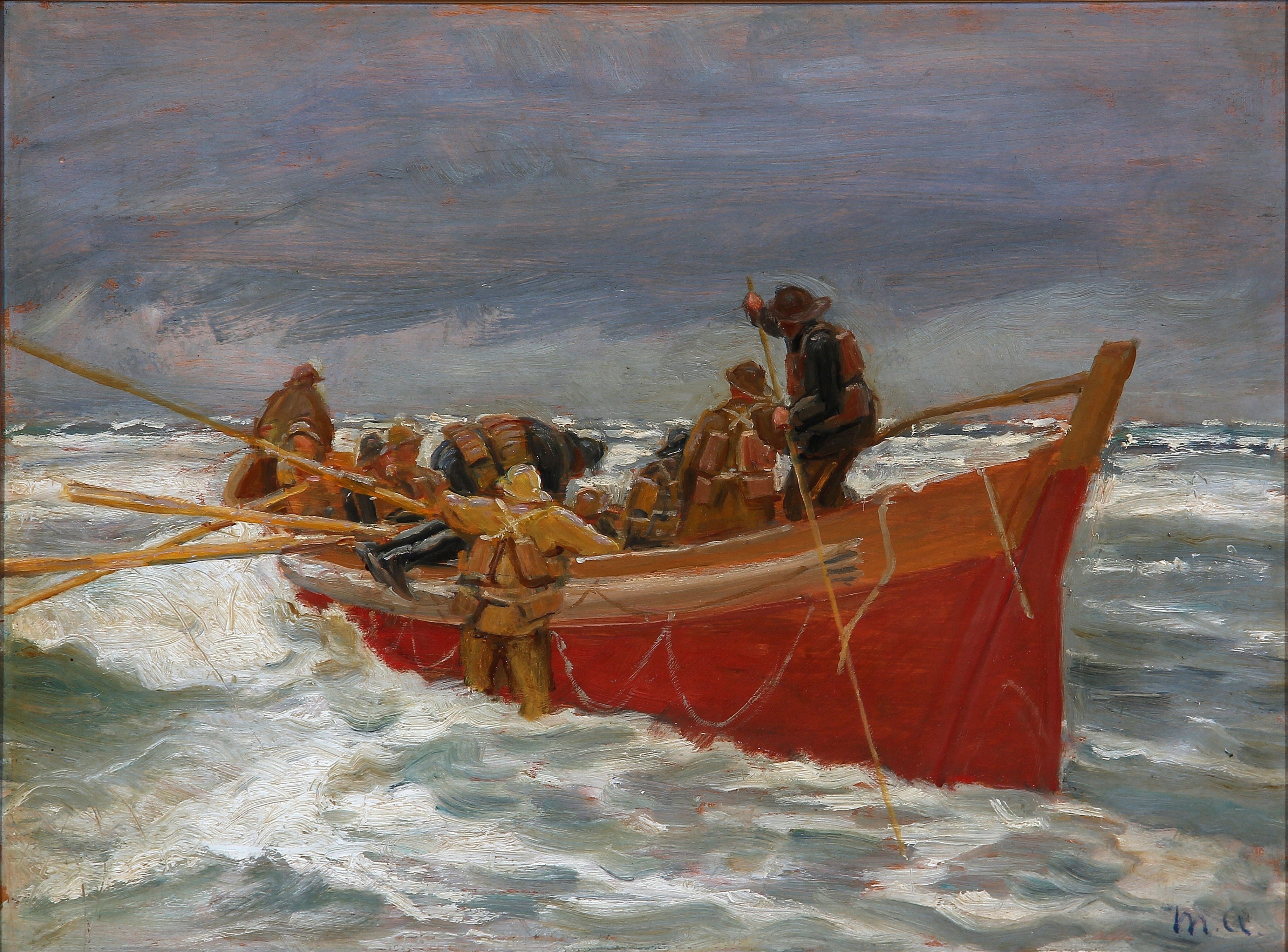 Painting of a lifeboat crew rowing in rough seas HD Wallpaper