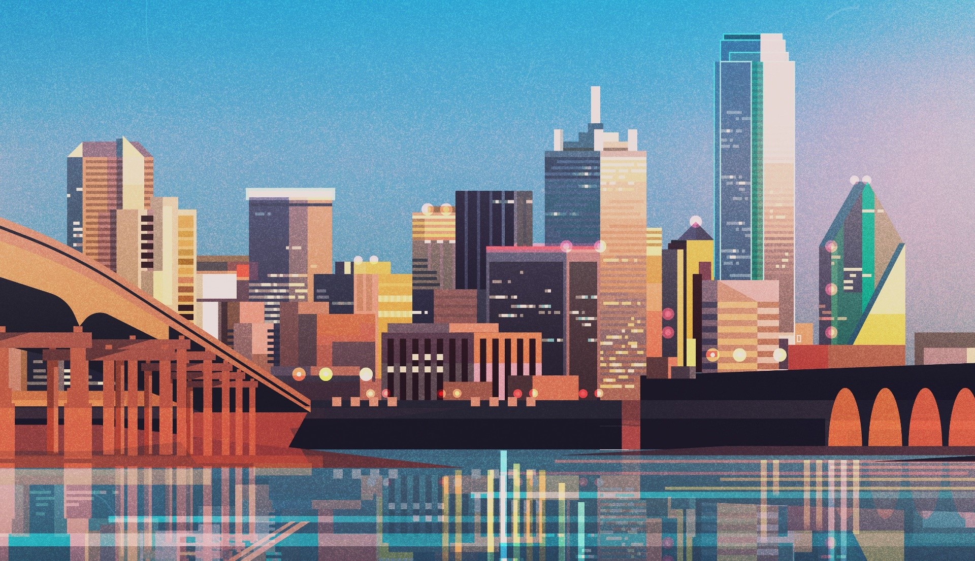 Illustration of a modern cityscape with a bridge and reflections HD Wallpaper