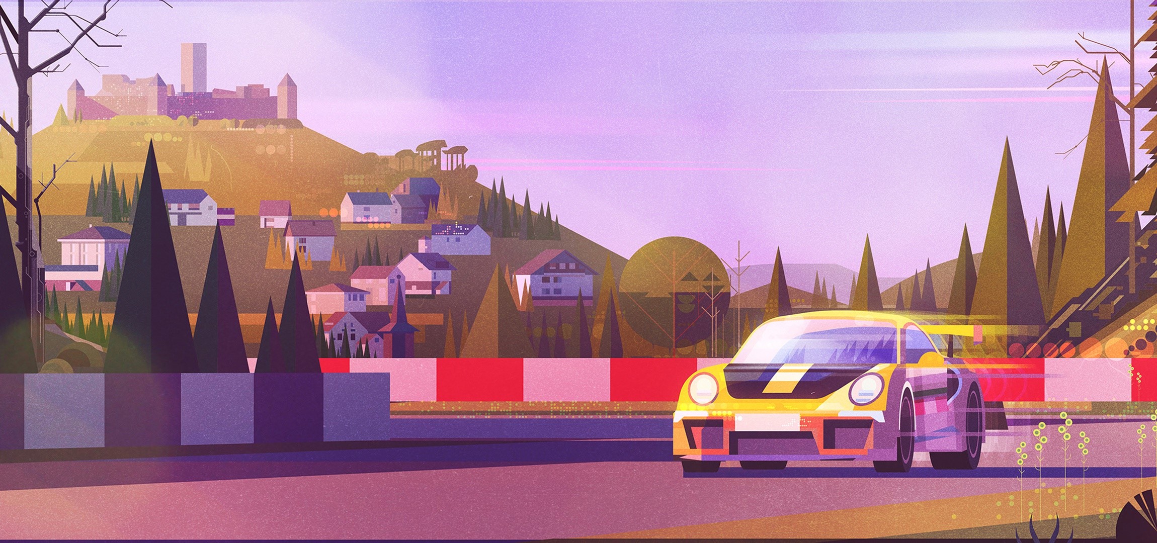 Yellow Porsche 911 on a Race Track with Village and Castle HD Wallpaper