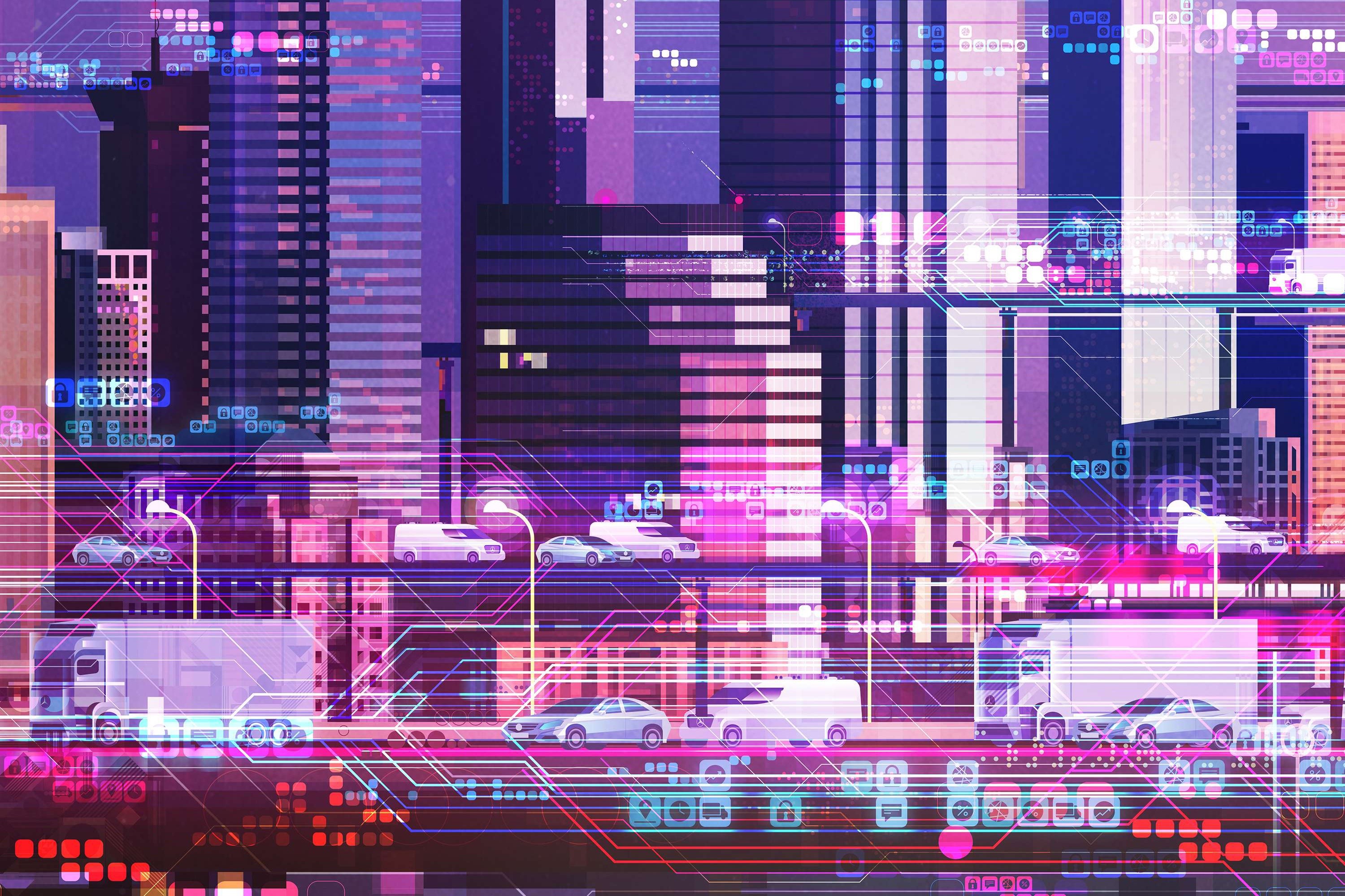 Digital cityscape with trucks and cars on a highway HD Wallpaper