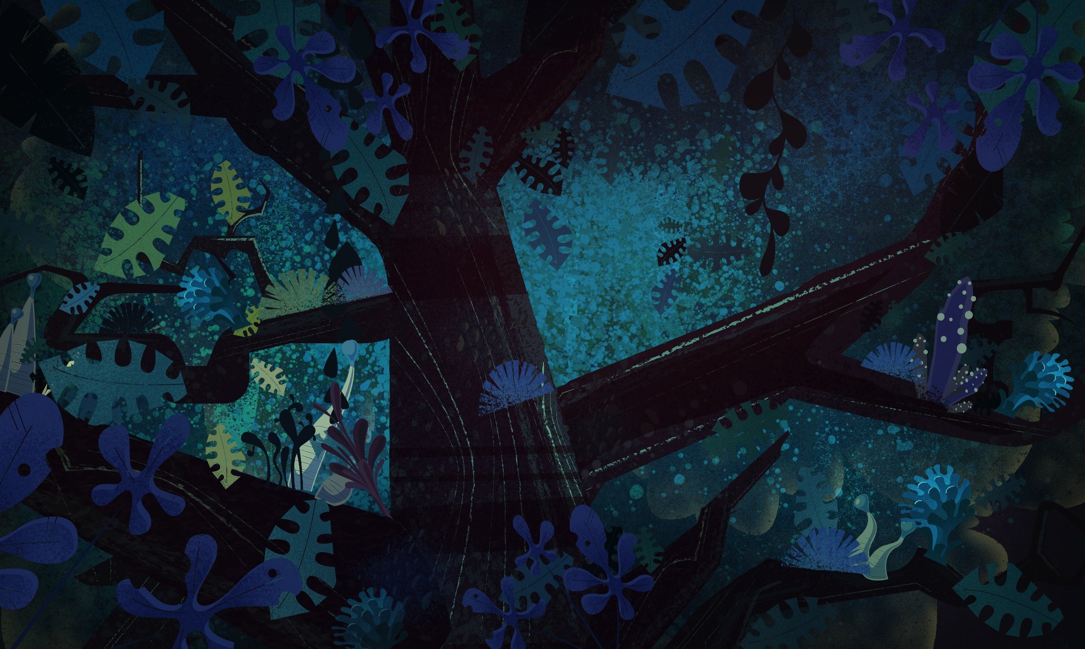 Dark forest with blue and green plants and trees HD Wallpaper