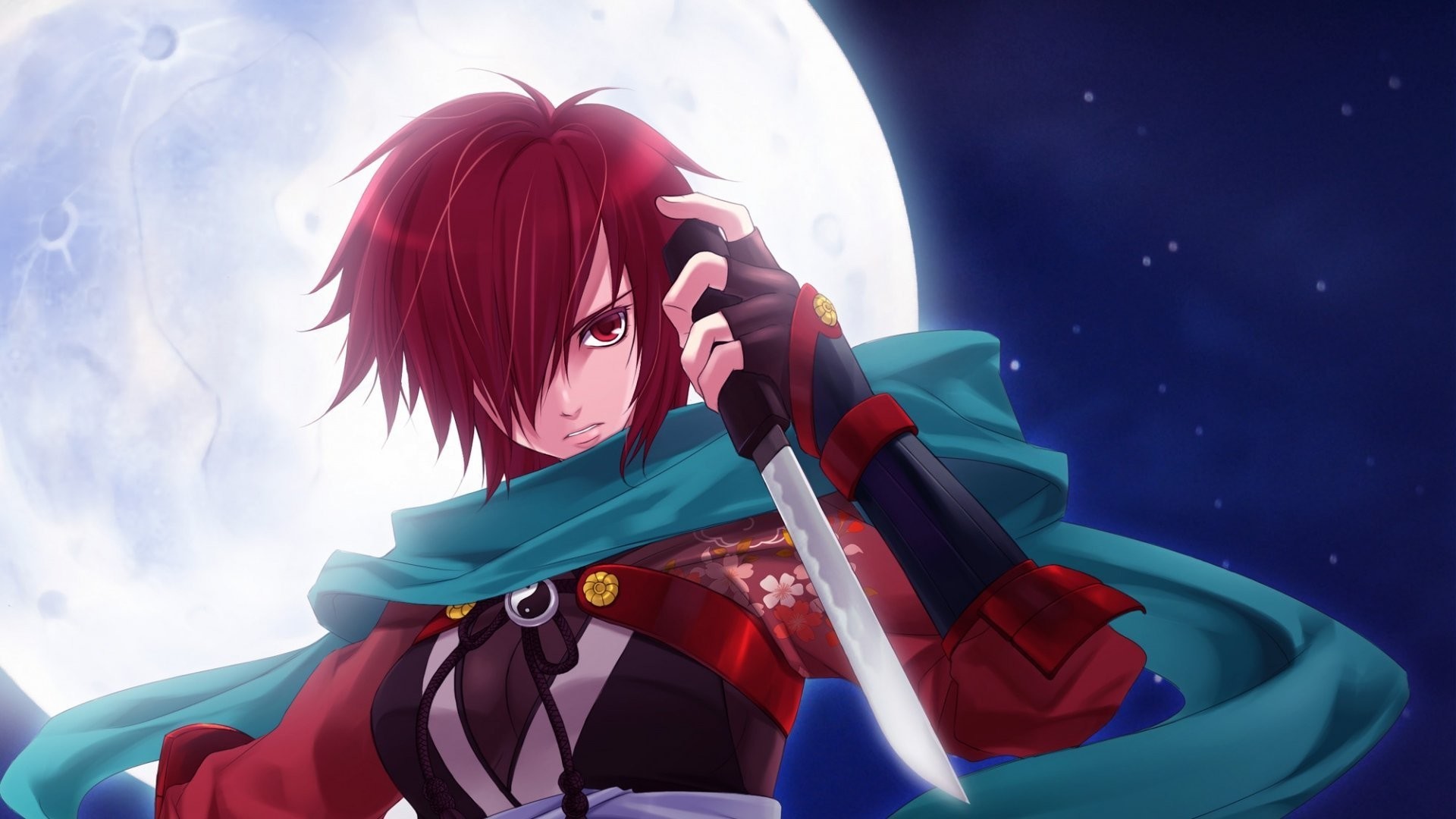 Anime girl with red hair and knife under the moon HD Wallpaper