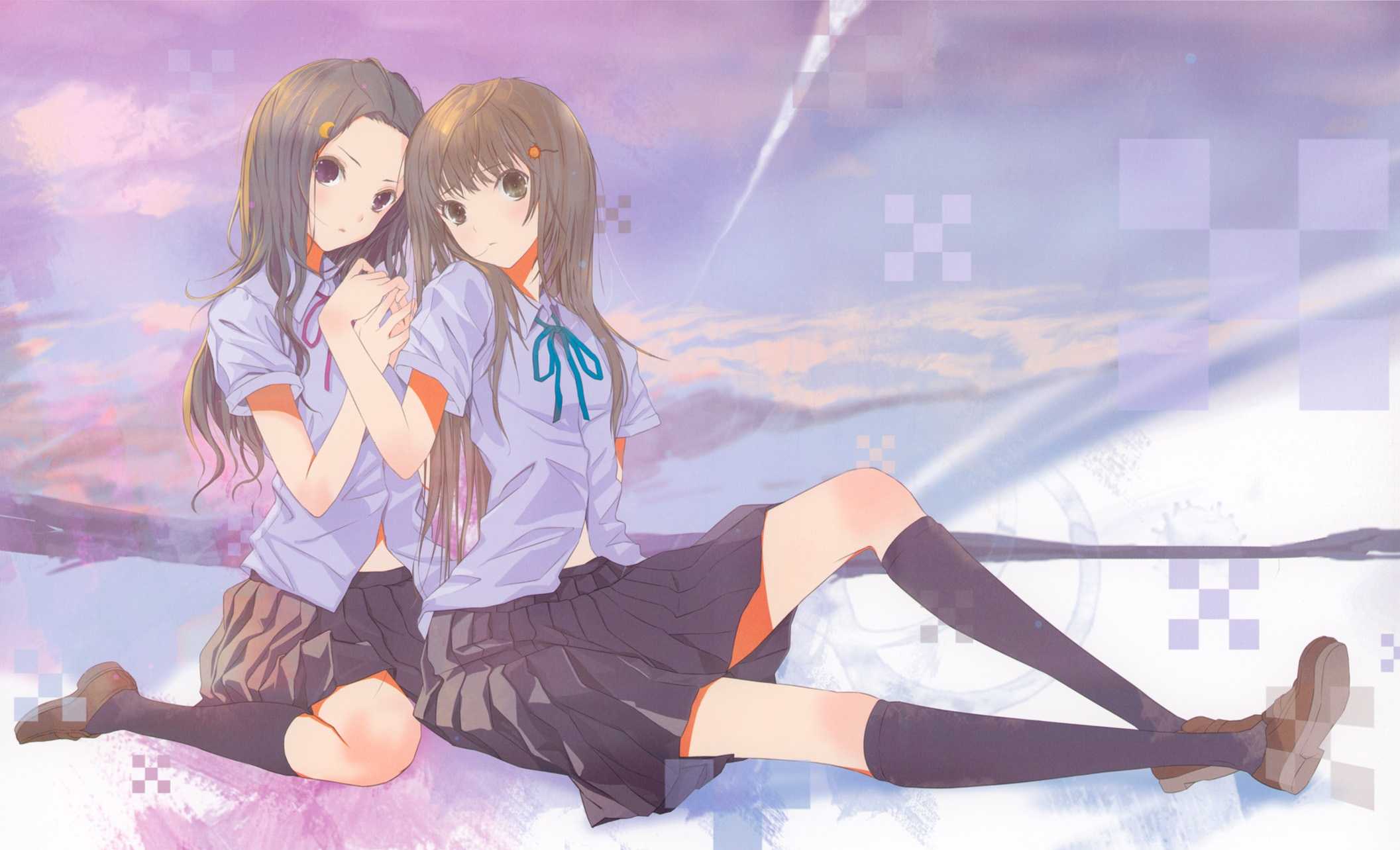 Two original anime girls in school uniforms holding hands HD Wallpaper