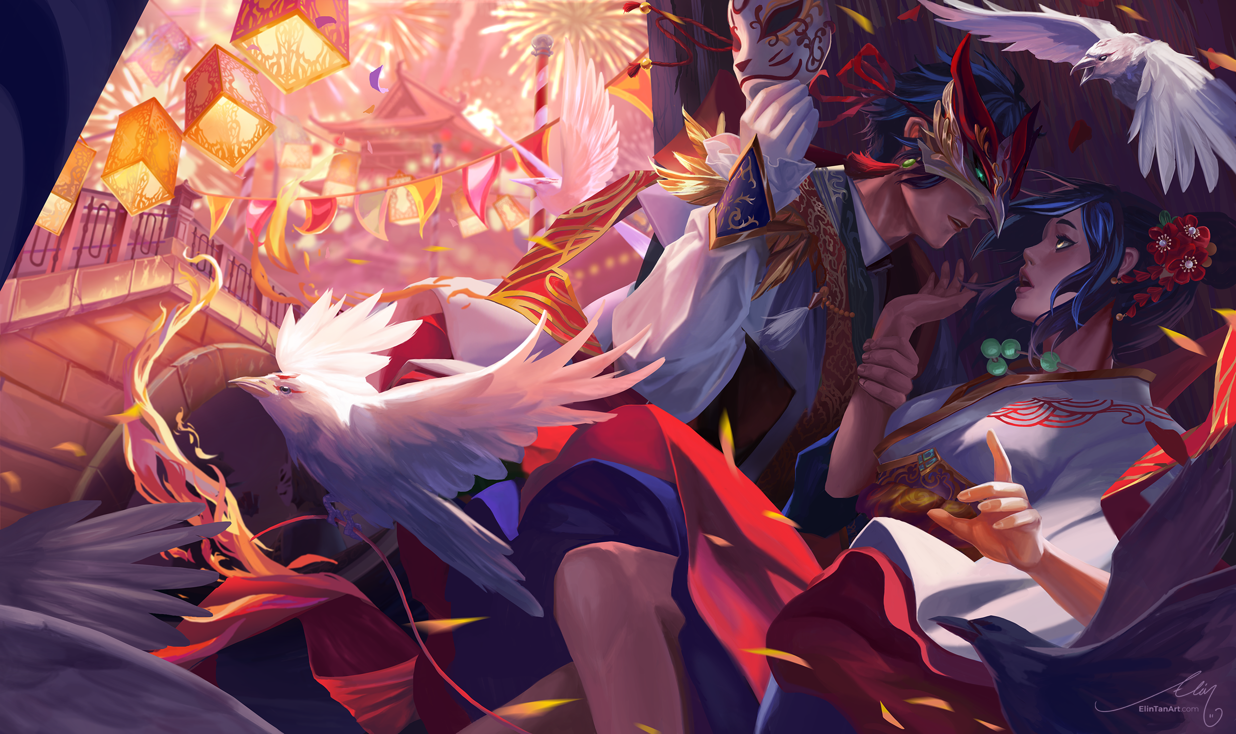 Couple in Masks at a Festival with Birds HD Wallpaper