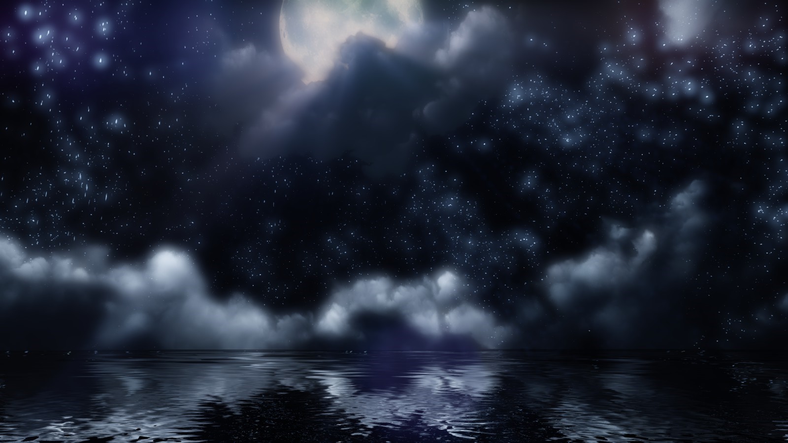 Night sky with moon, stars, clouds, and water reflection HD Wallpaper