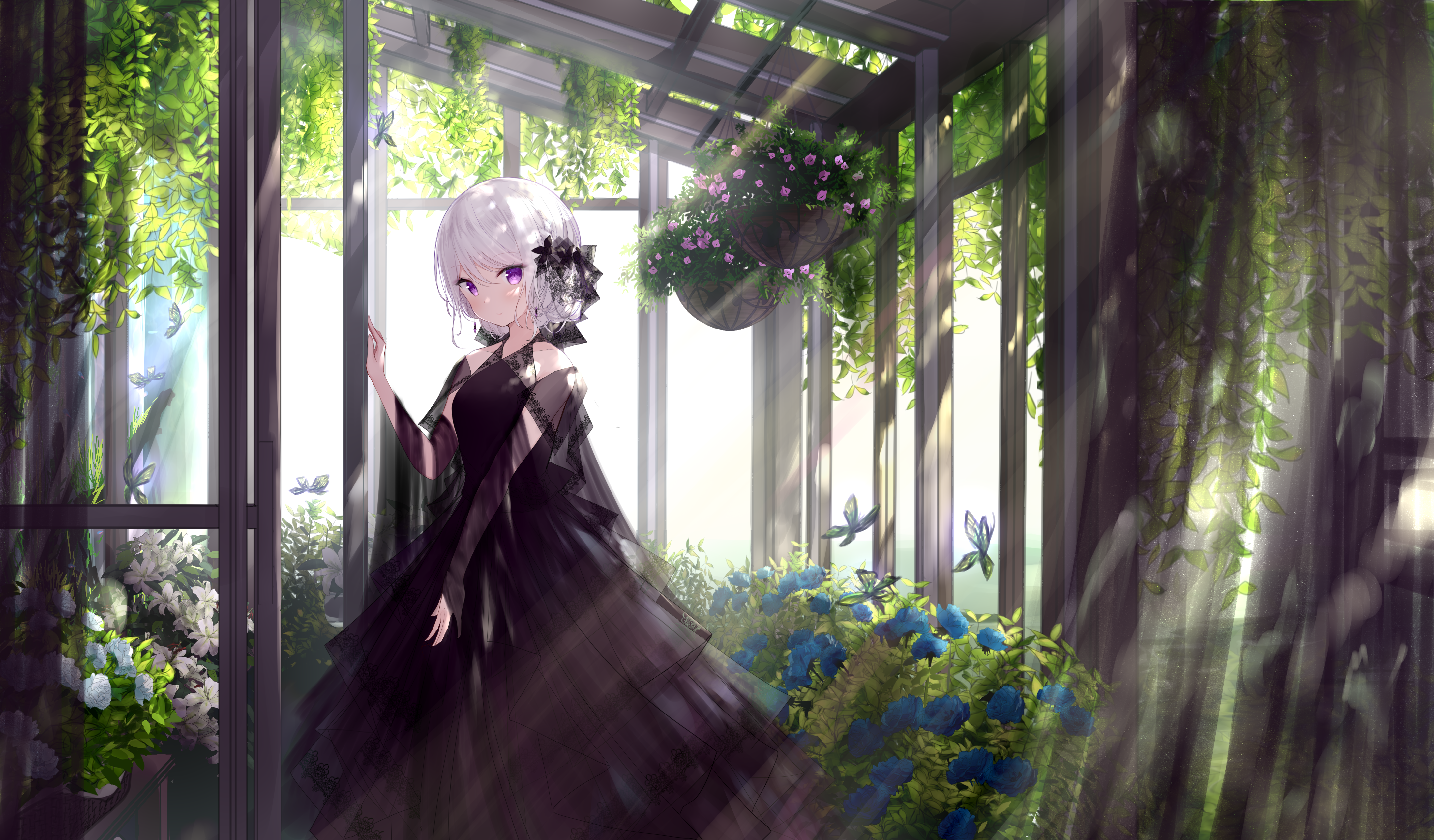 Girl in black dress in a greenhouse with flowers and butterflies HD Wallpaper