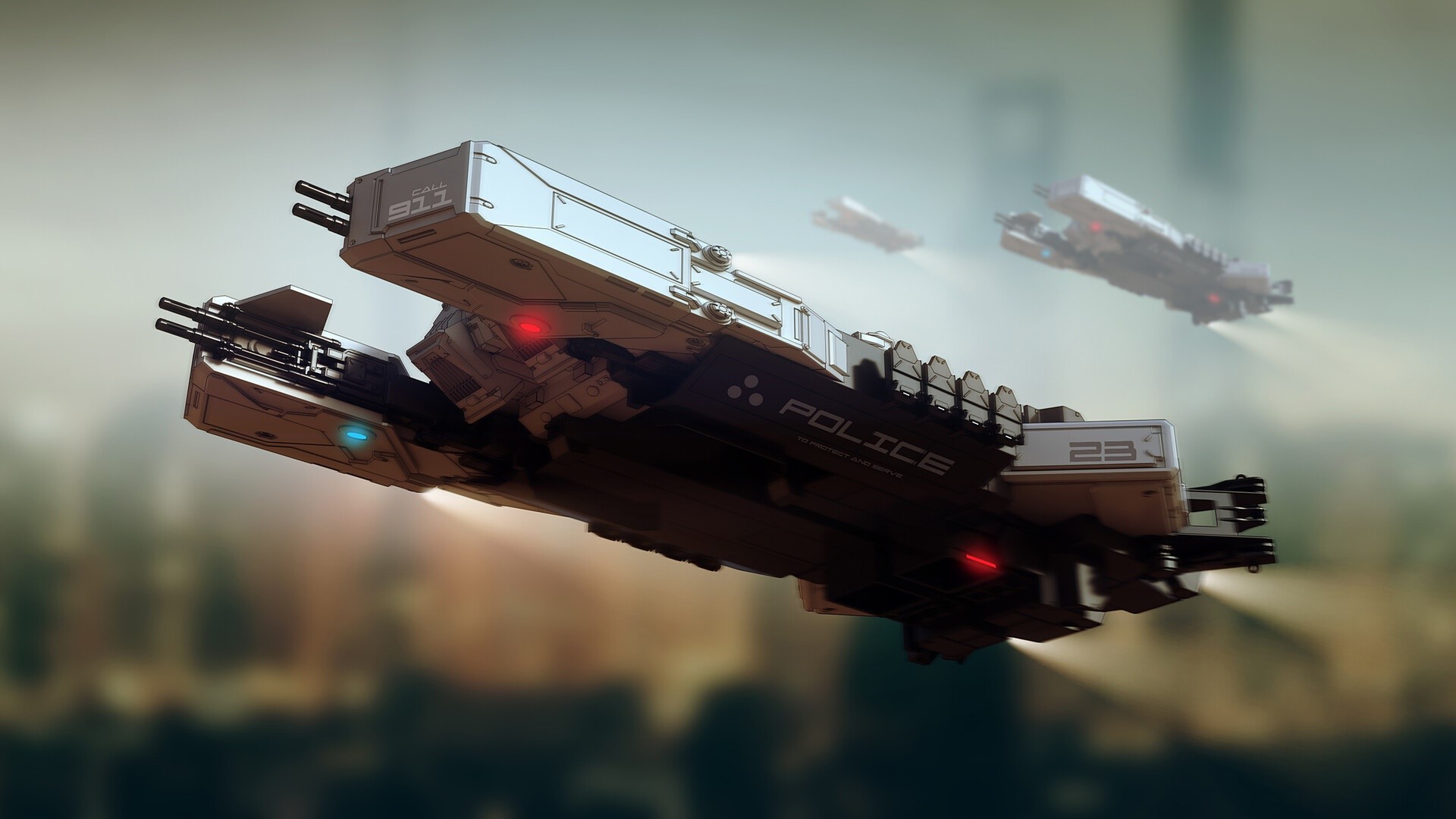 Police hovercrafts flying over a city HD Wallpaper
