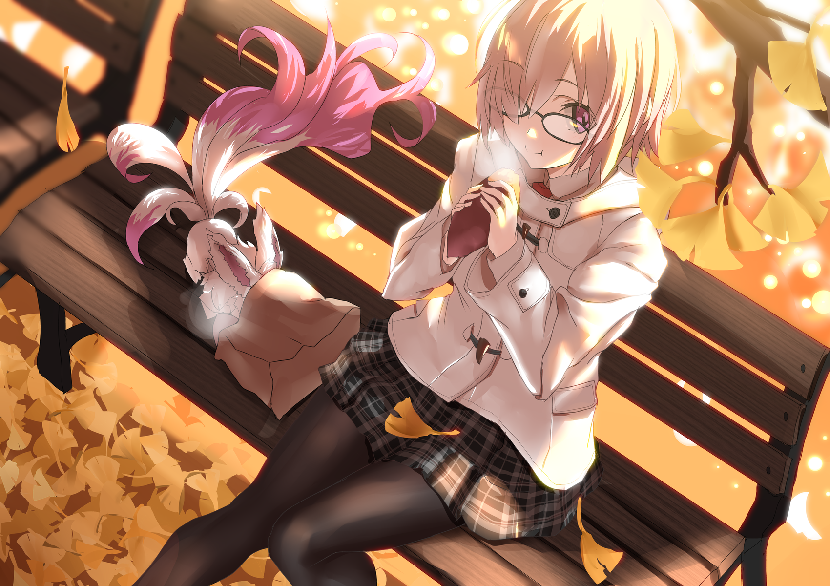 Anime girl with glasses and a fluffy creature on a bench HD Wallpaper