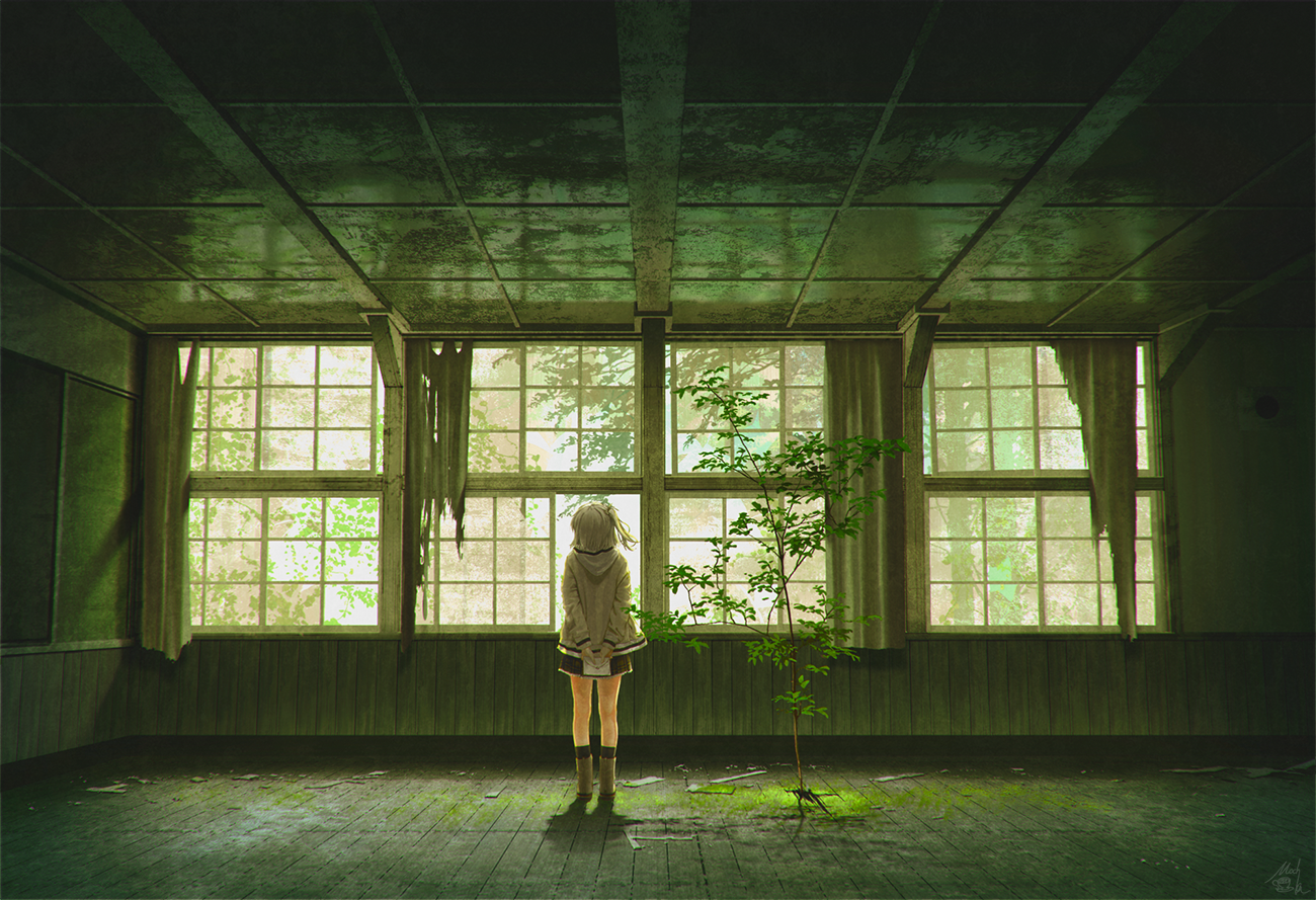 Anime girl in abandoned classroom with plant HD Wallpaper