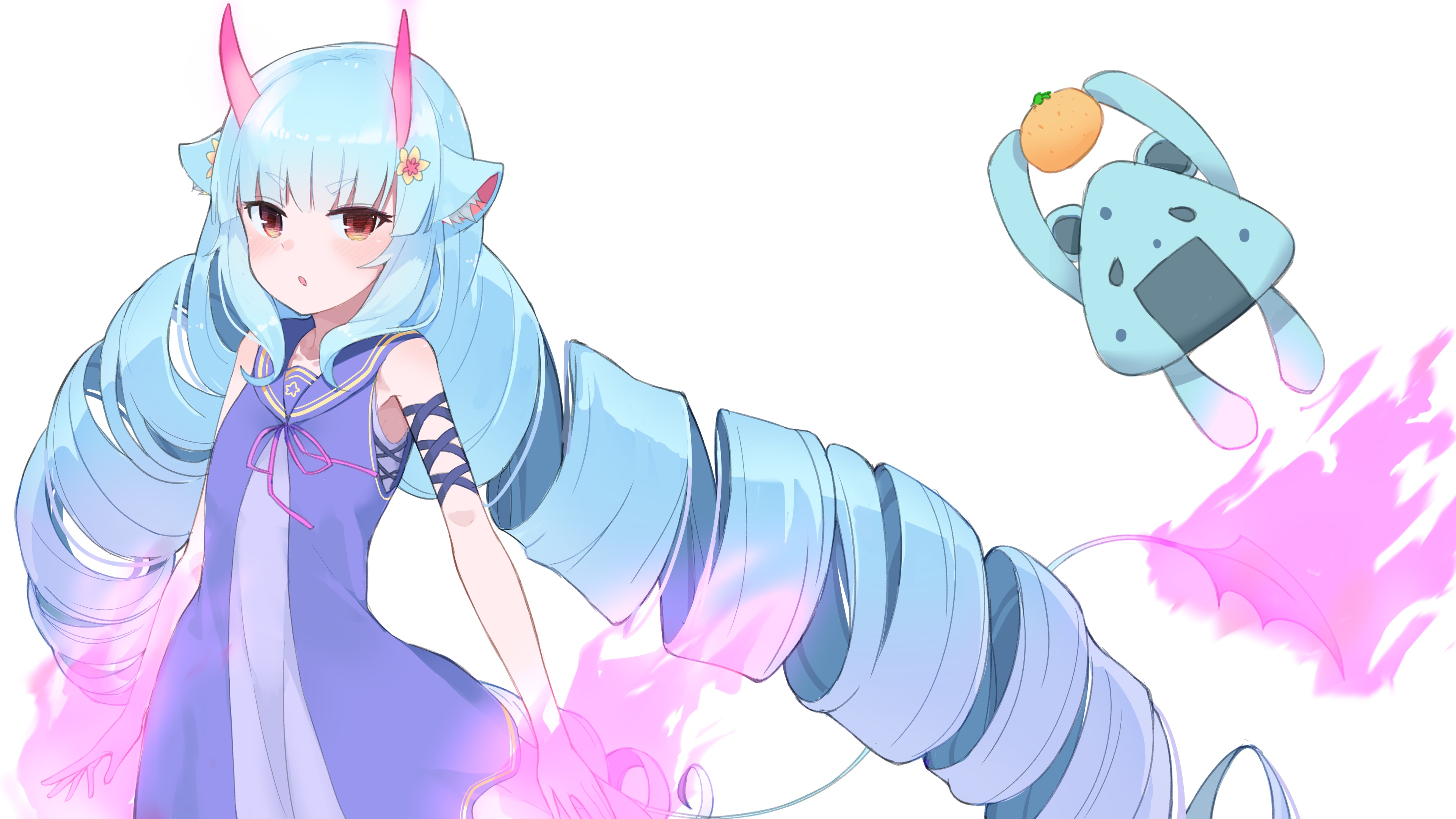 Girl with blue hair and horns holding pink energy HD Wallpaper