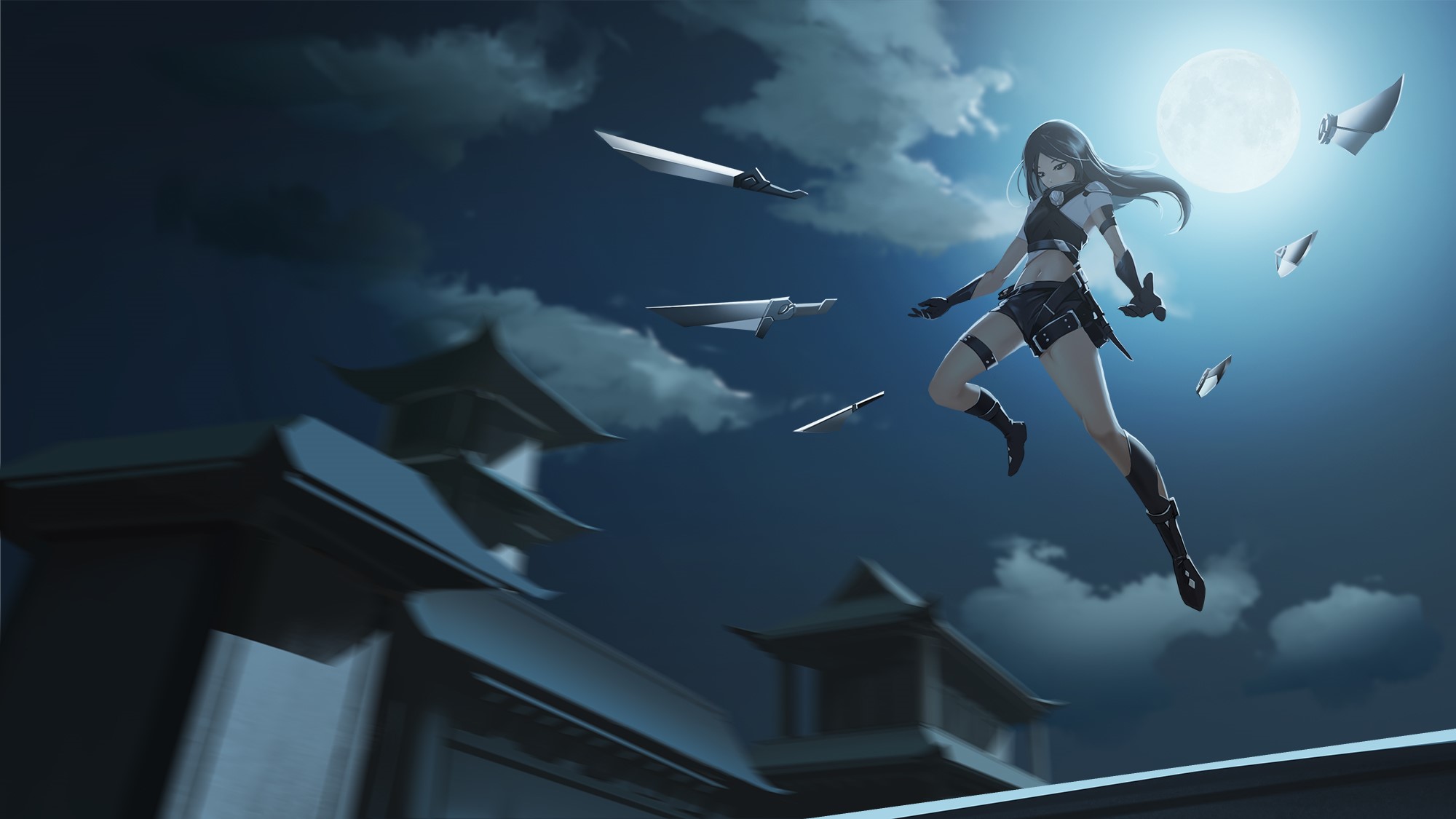 Anime girl with swords jumping at night under the moon HD Wallpaper