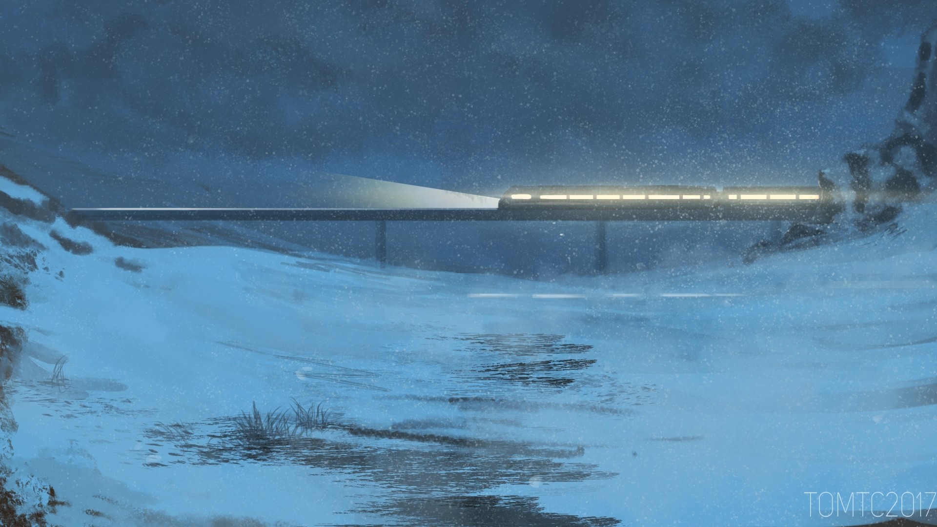 Winter train crossing a bridge at night HD Wallpaper