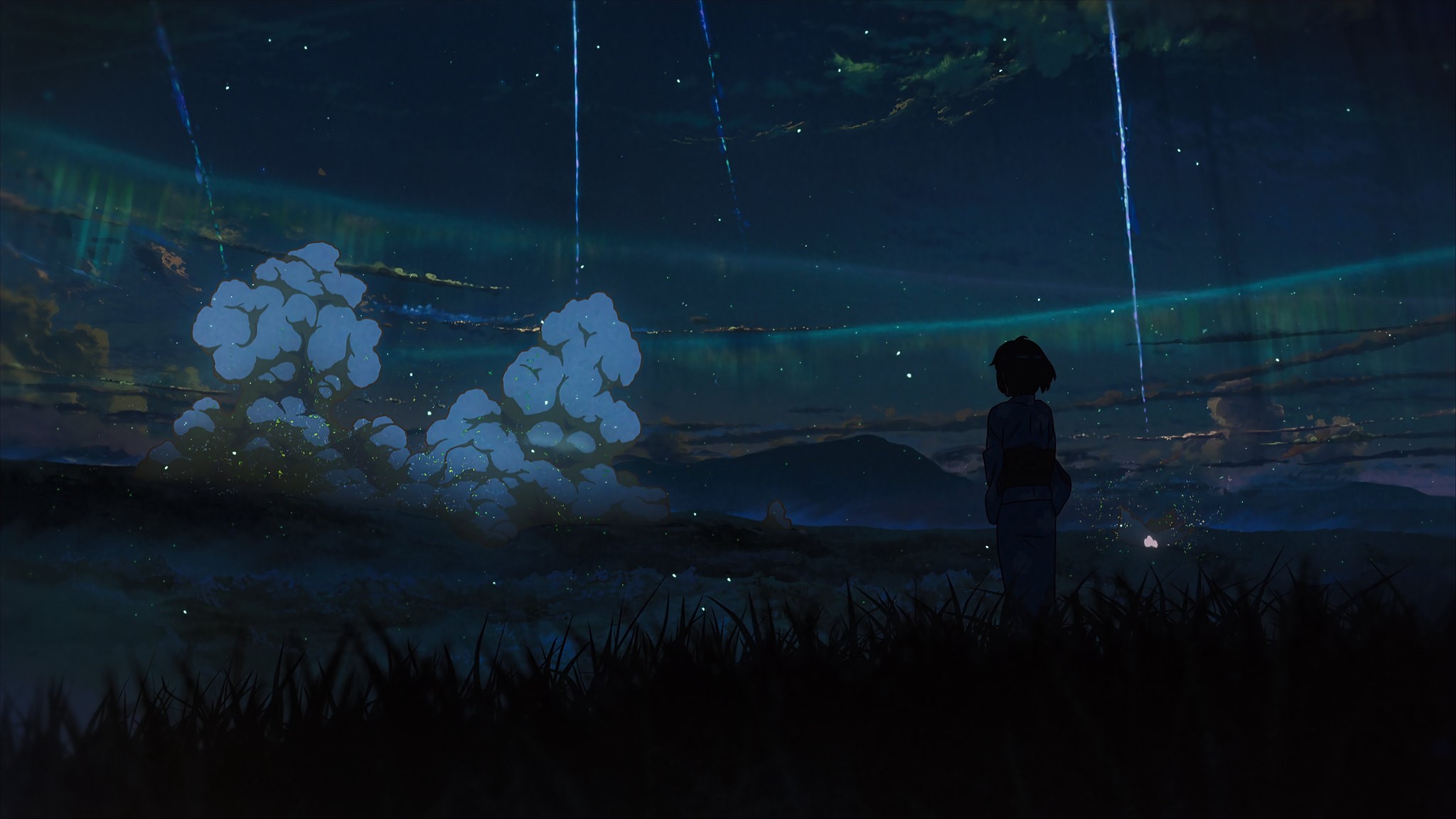 Girl in Kimono watching meteor shower in Kimi no Na Wa HD Wallpaper