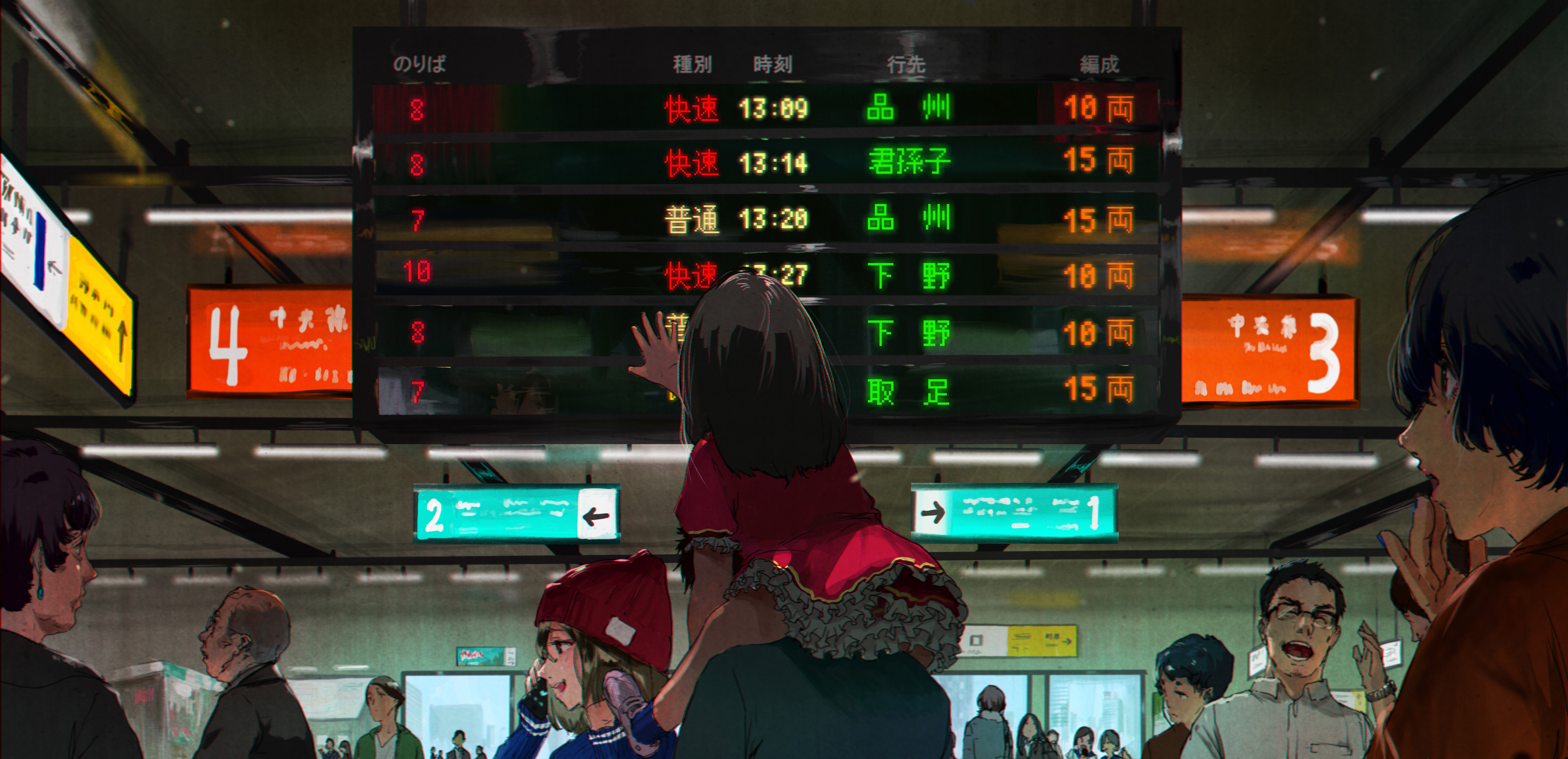 Train station departure board with anime characters HD Wallpaper