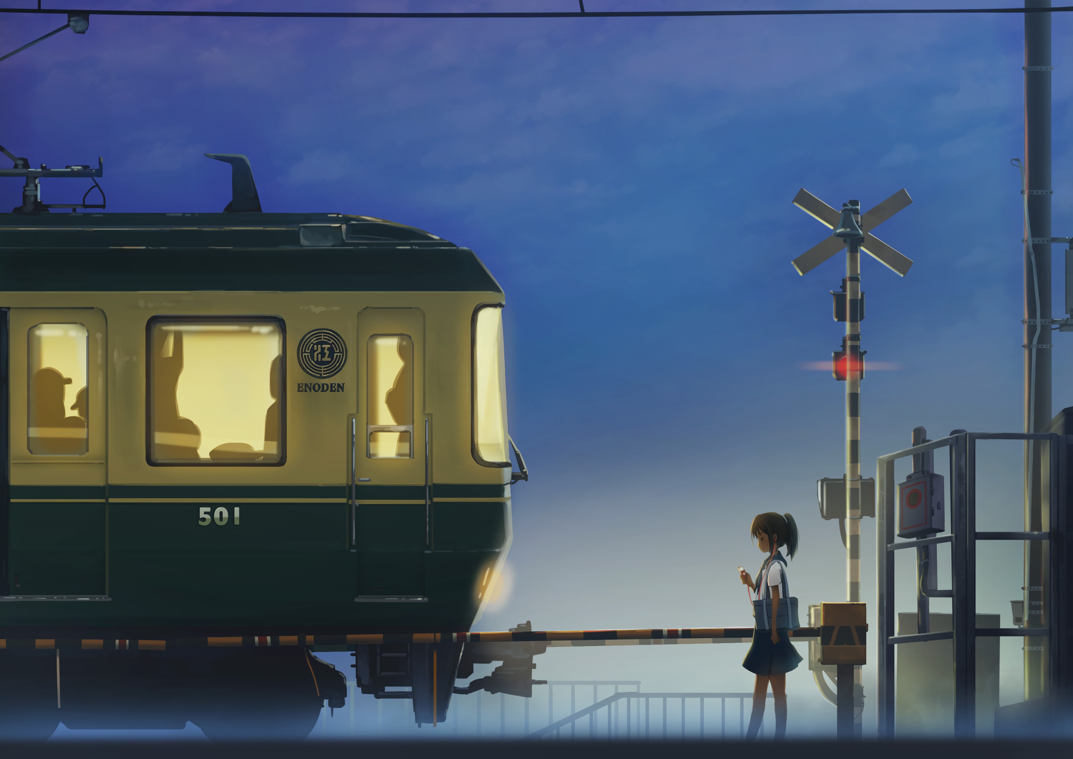 Anime girl at train station with Enoden train HD Wallpaper