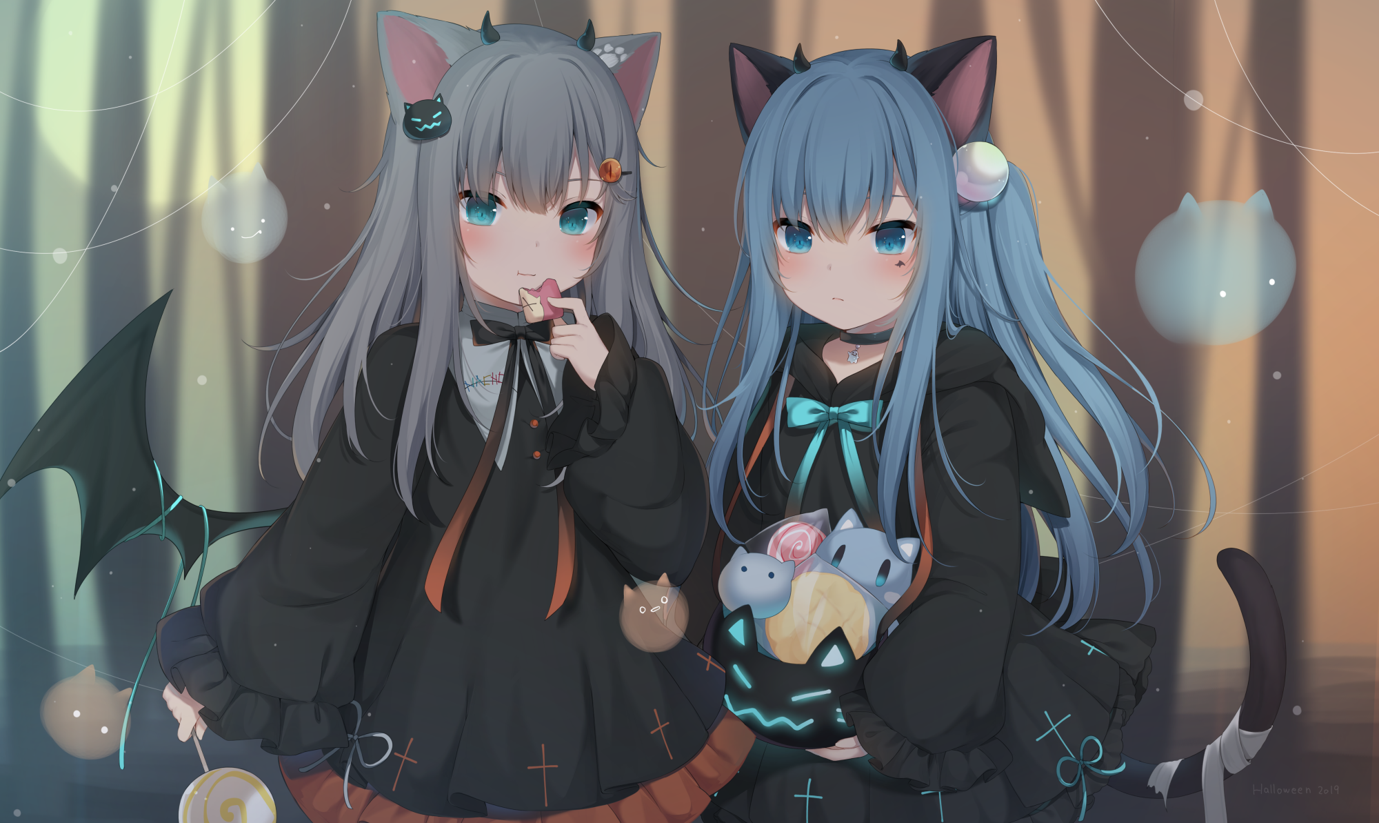 Two cat girls in Halloween costumes with candy HD Wallpaper
