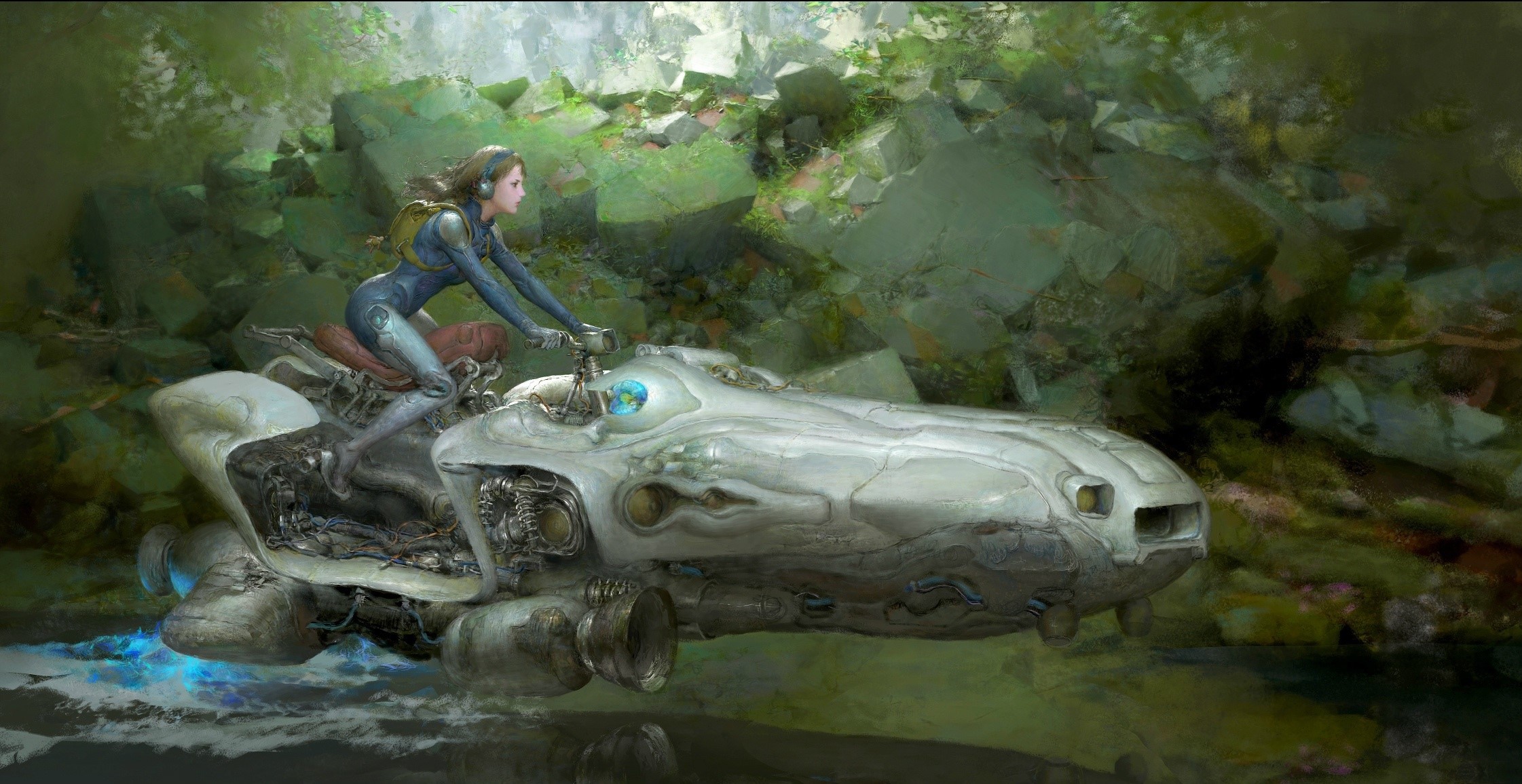 Woman riding a futuristic vehicle through a forest HD Wallpaper