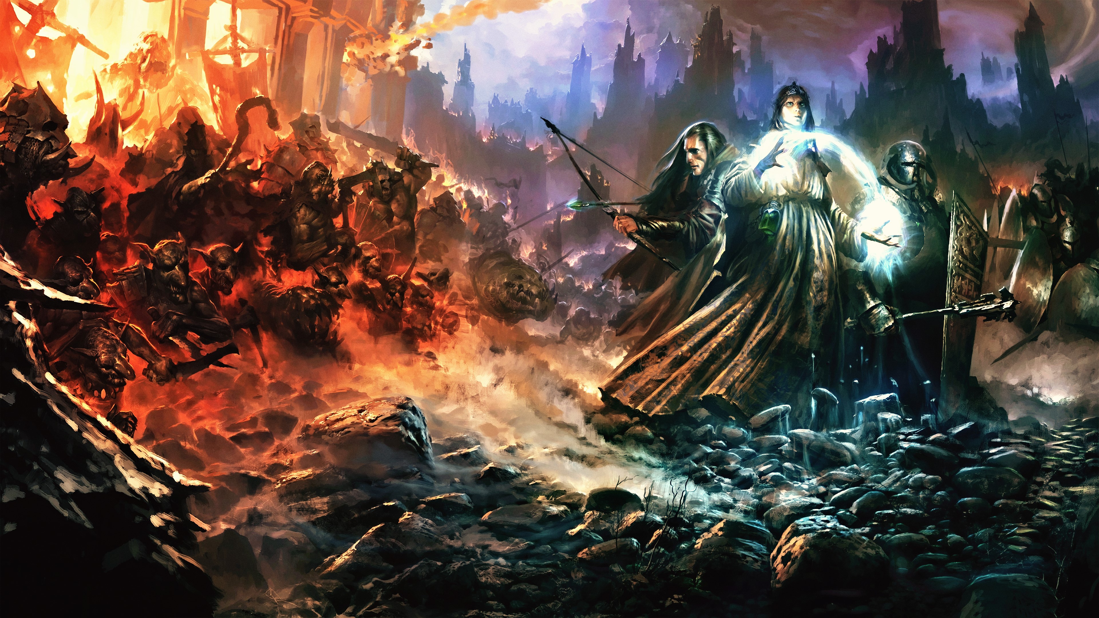 SpellForce 3 fan art: battle between warriors and creatures HD Wallpaper