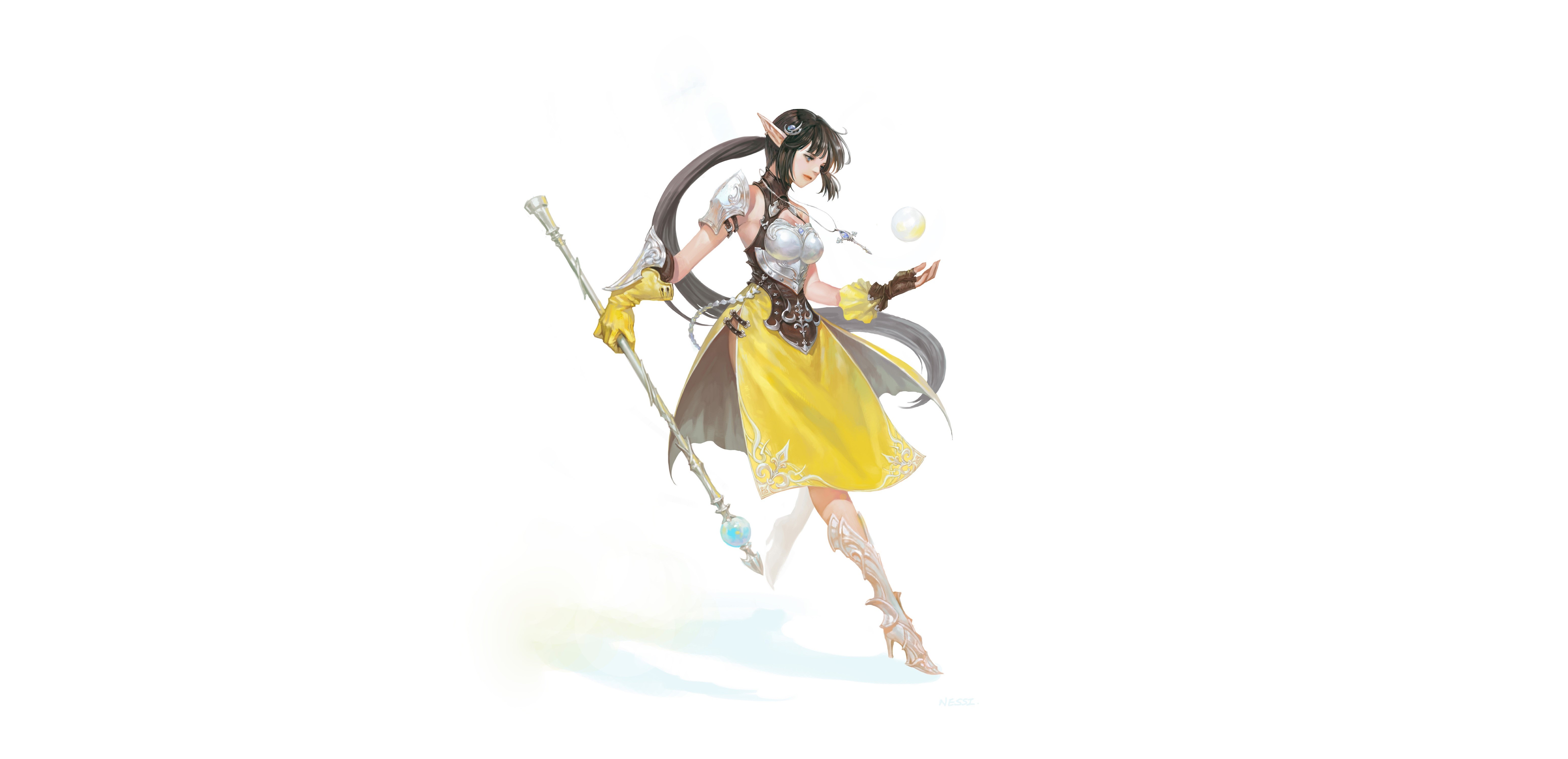 Fantasy art of an elf girl with dark hair and a staff HD Wallpaper