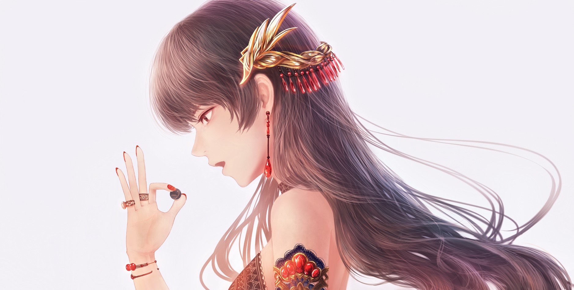 Anime girl with long brown hair and red accessories HD Wallpaper