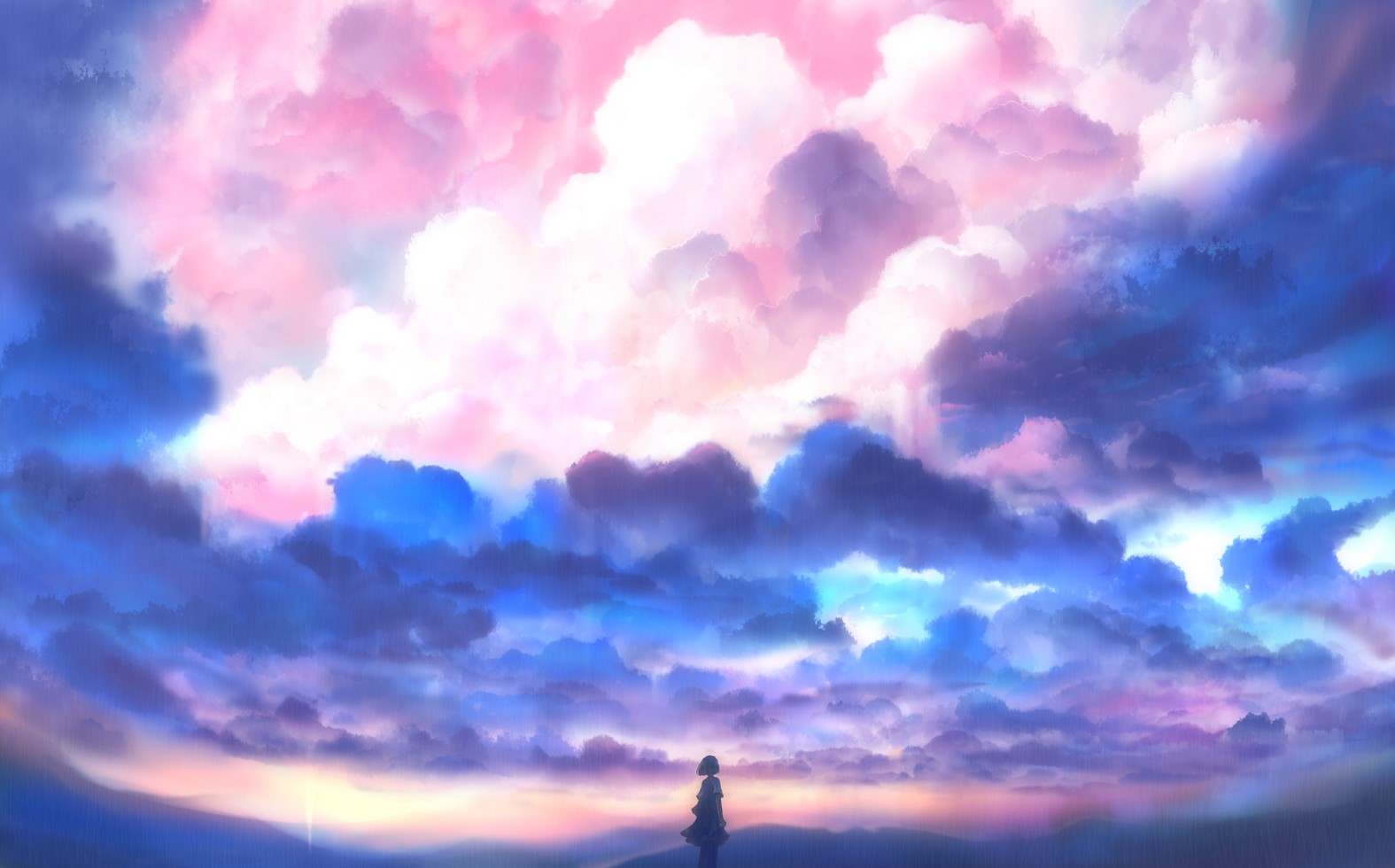 Girl standing in front of a colorful sky with clouds HD Wallpaper