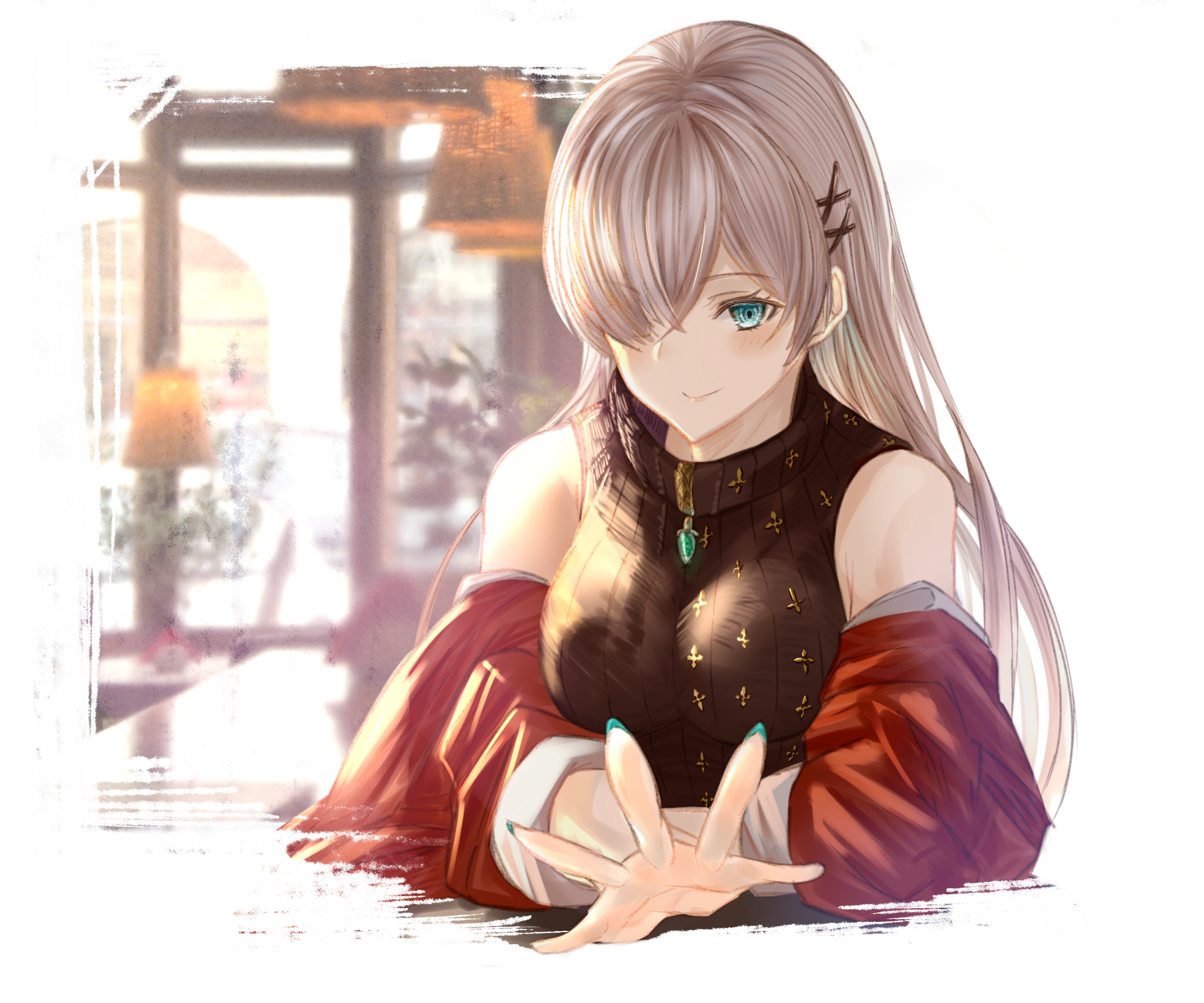 Anime girl with long hair in a cafe HD Wallpaper