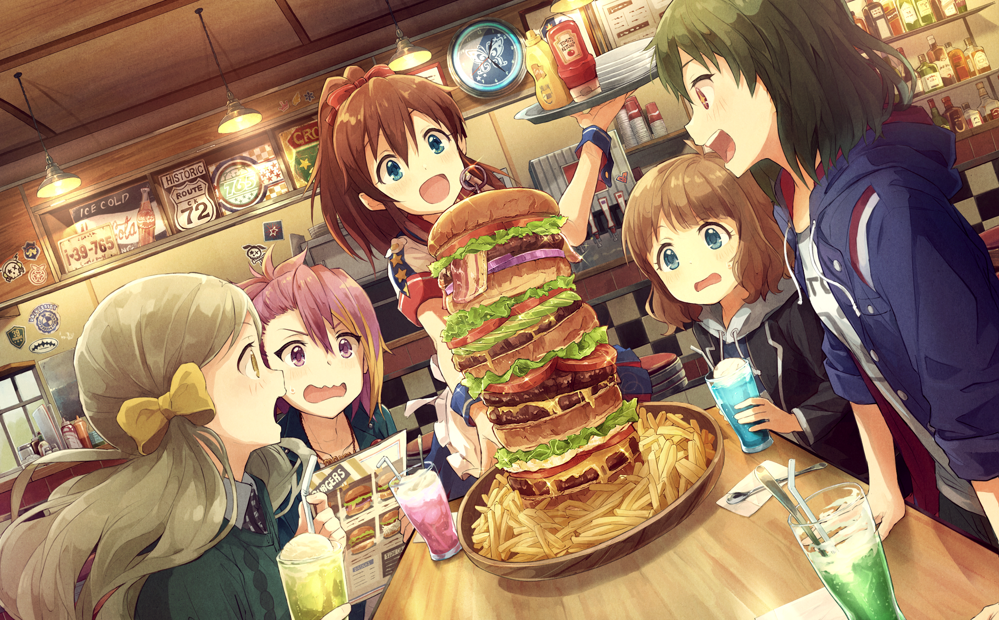 Anime girls in diner with giant hamburger and fries HD Wallpaper