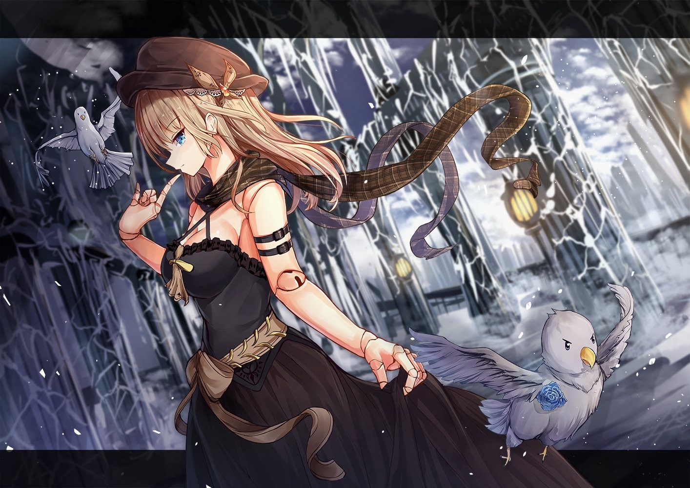 Anime girl with birds in a fantasy setting HD Wallpaper