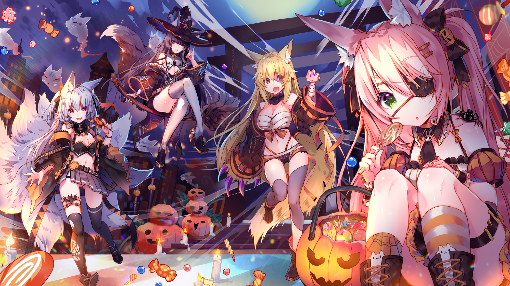 Four anime girls in Halloween costumes with animal ears HD Wallpaper