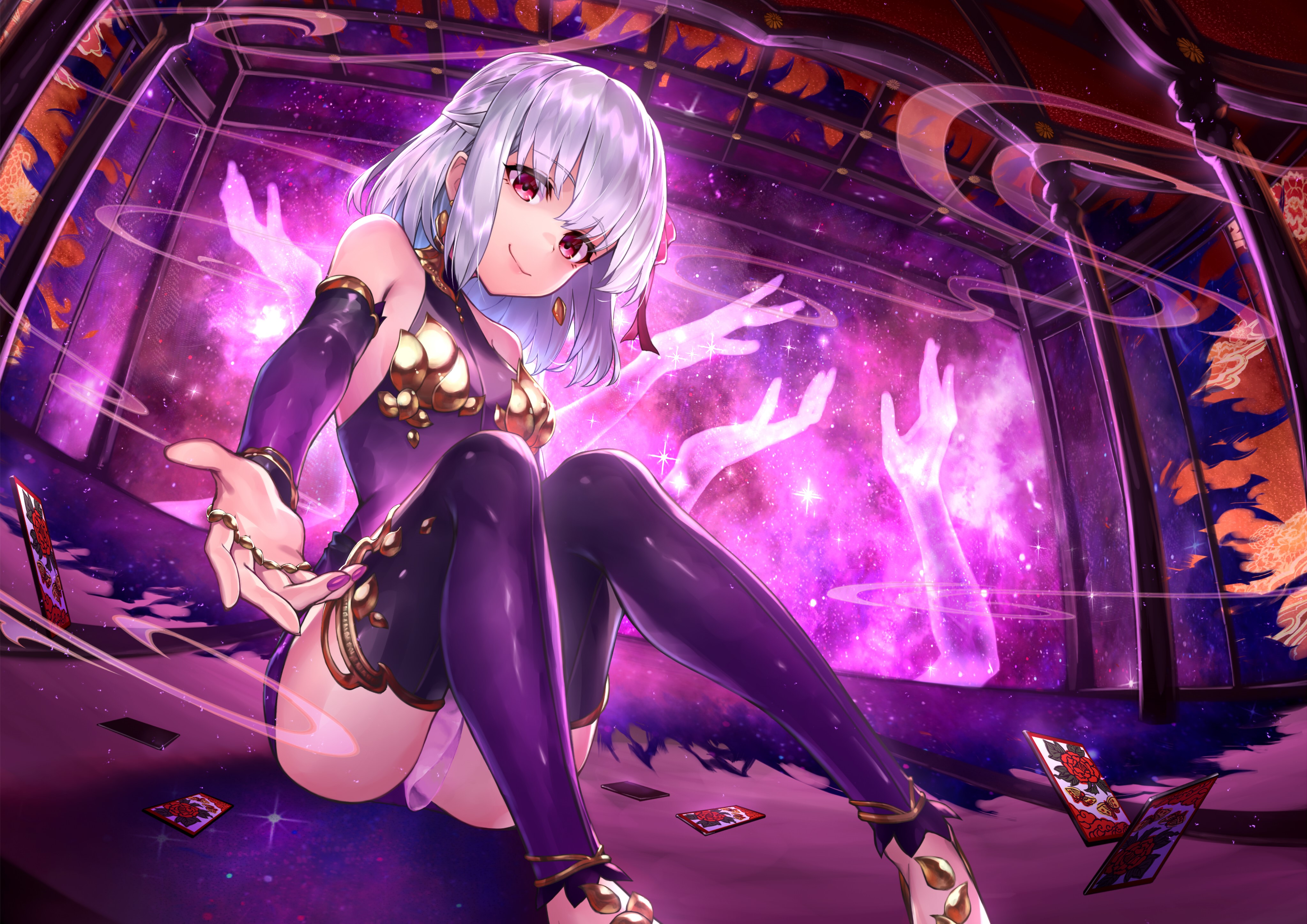 Kama from Fate/Grand Order sitting with cards HD Wallpaper
