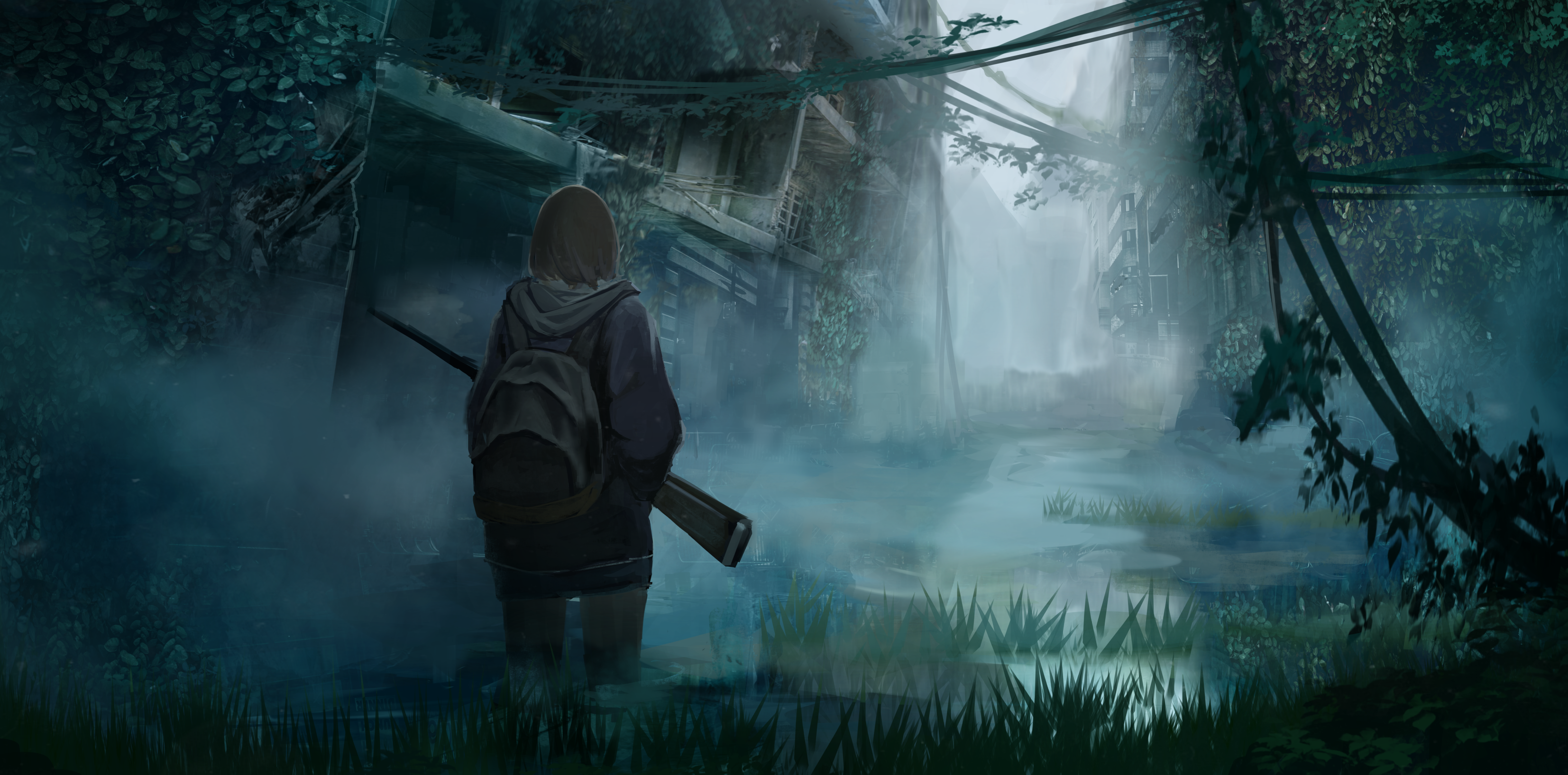 Girl with backpack and rifle in a flooded ruin HD Wallpaper
