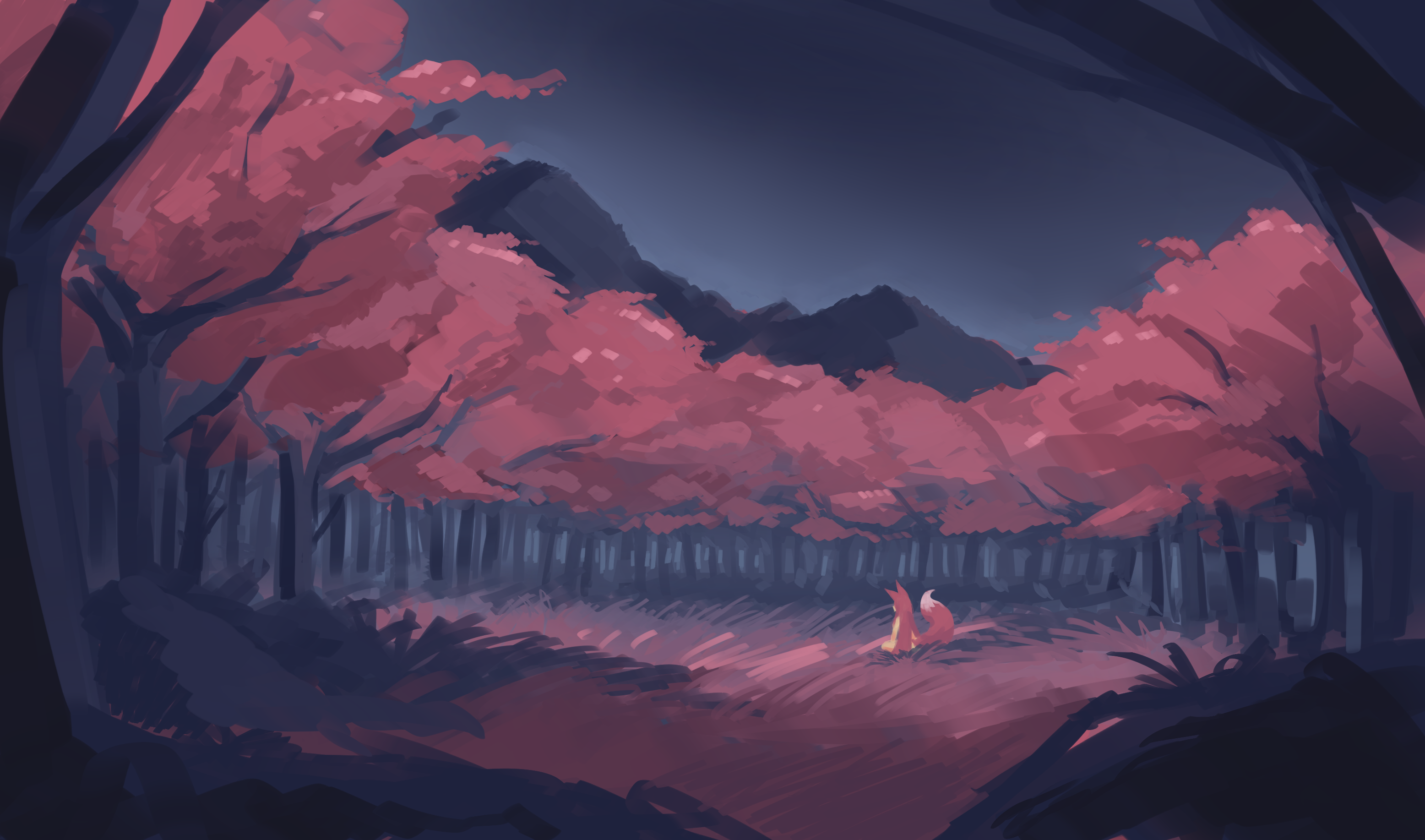 Fox in a pink forest at night HD Wallpaper