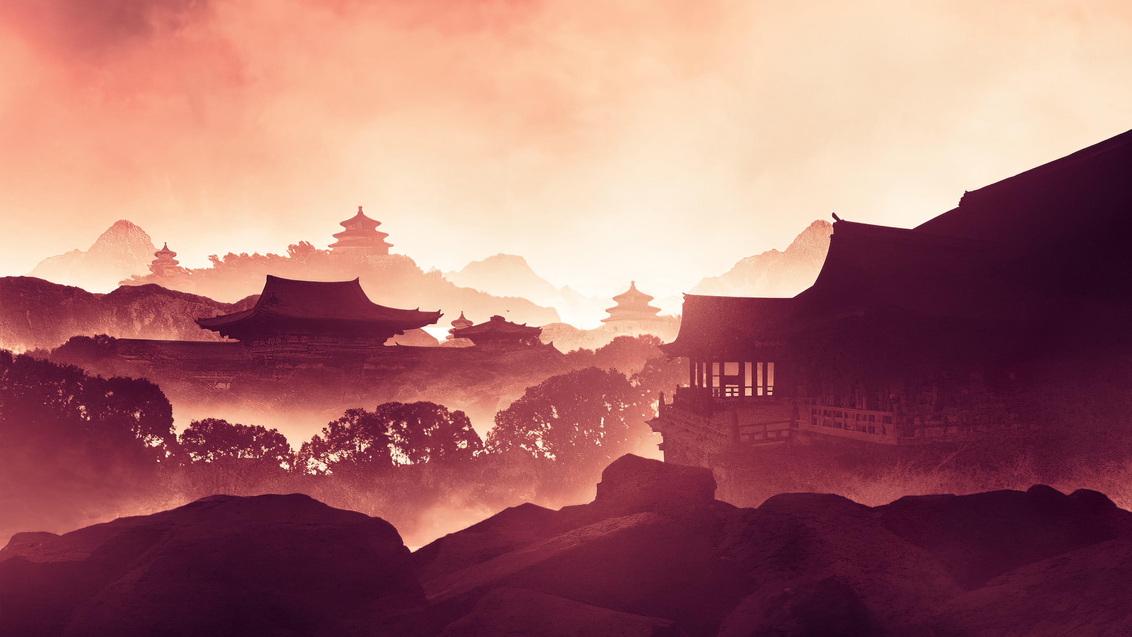 Digital artwork of Asian architecture in misty mountains at dusk HD Wallpaper