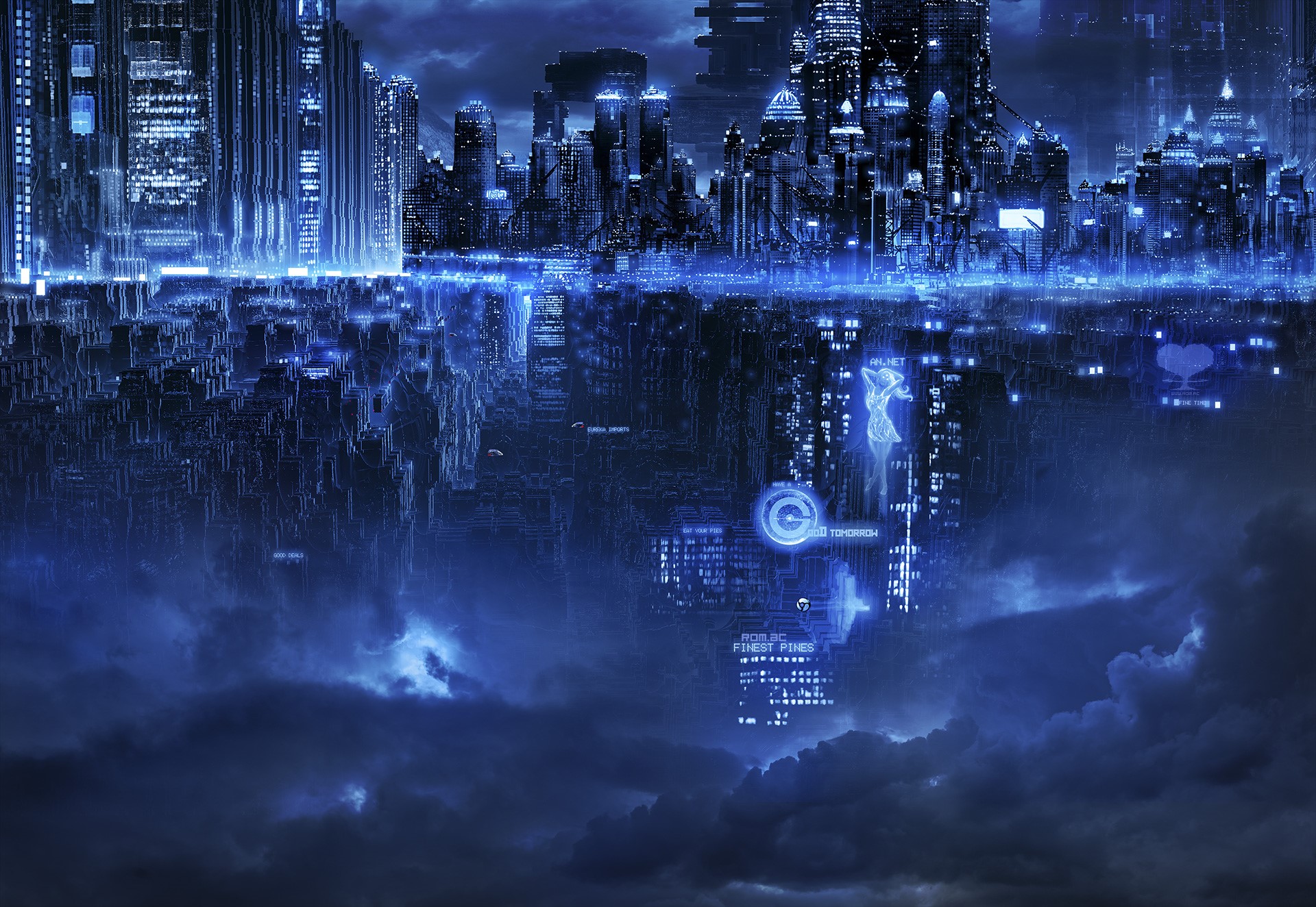 Cyberpunk city reflection at night with blue lights HD Wallpaper
