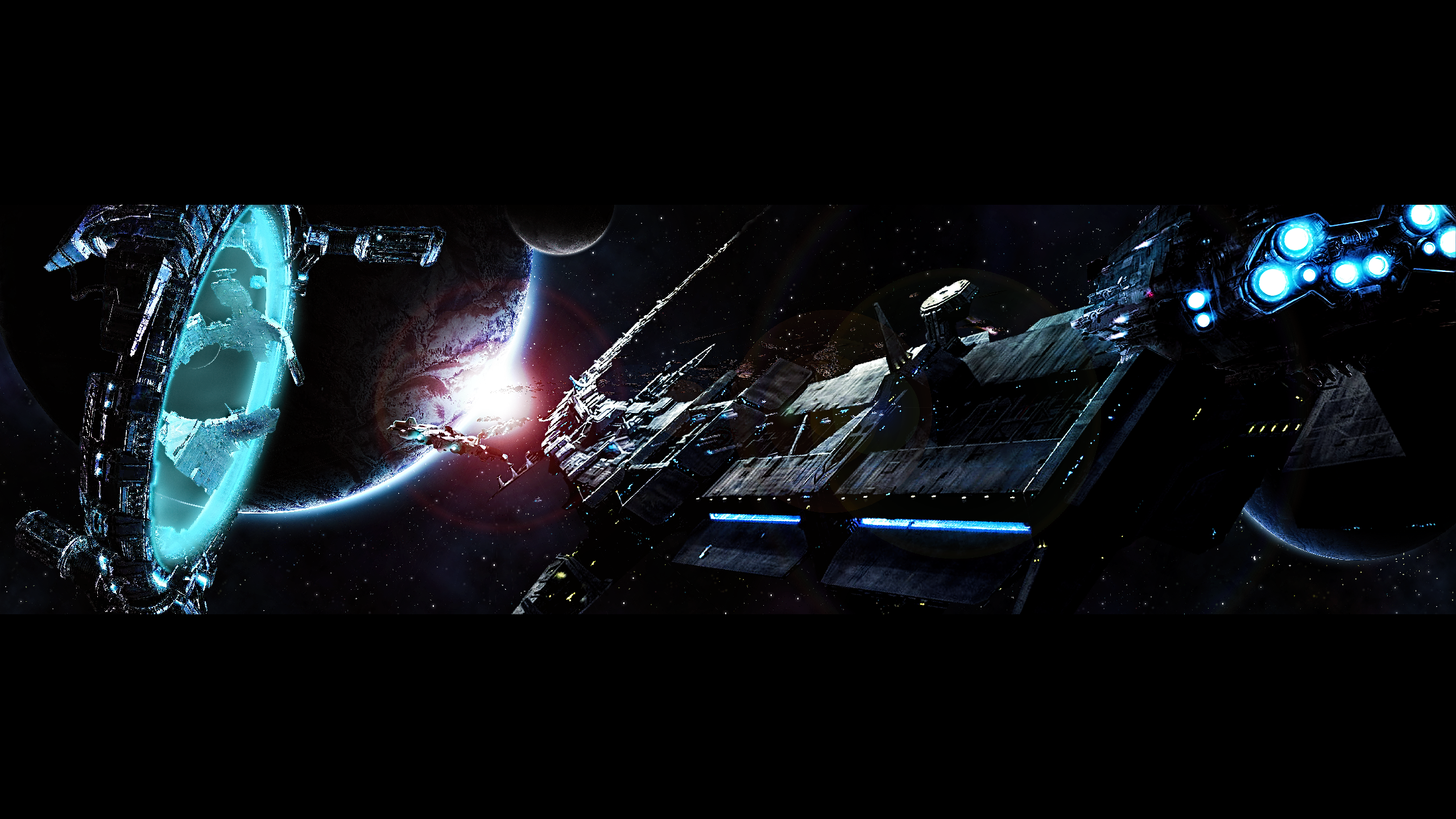 Spaceship and Stargate near planets in space HD Wallpaper
