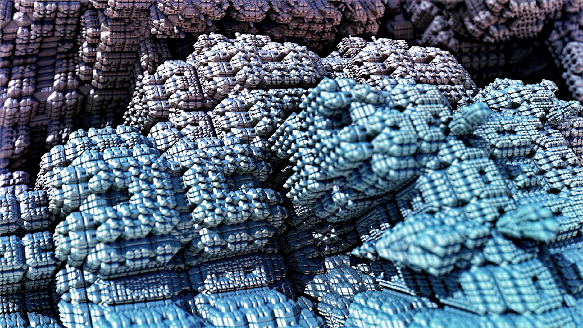3D Abstract Fractal Landscape in Cyan and Purple HD Wallpaper