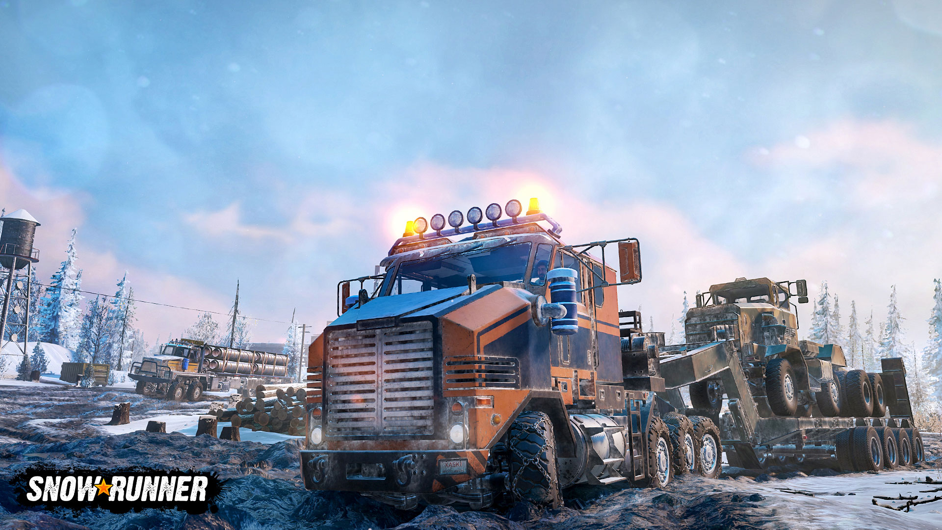 SnowRunner trucks in a snowy landscape HD Wallpaper