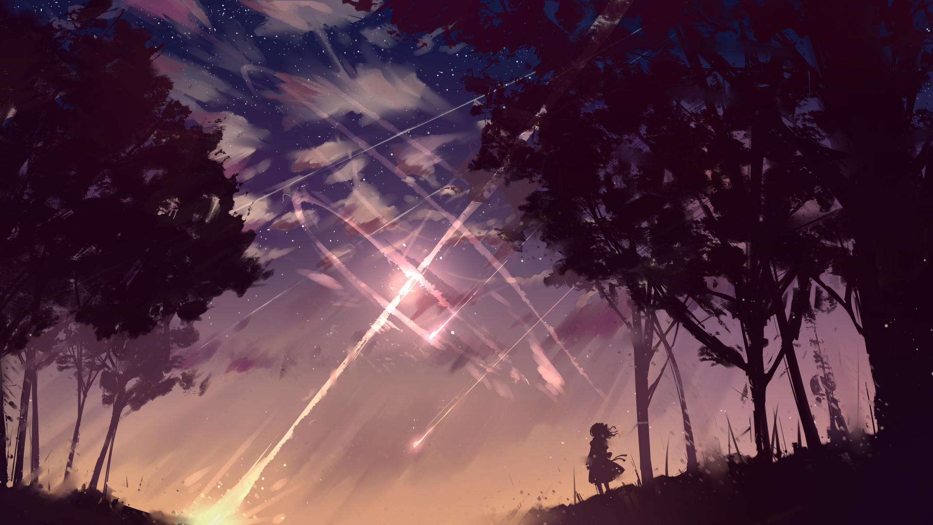 Digital landscape painting of a forest at sunset with shooting stars HD Wallpaper