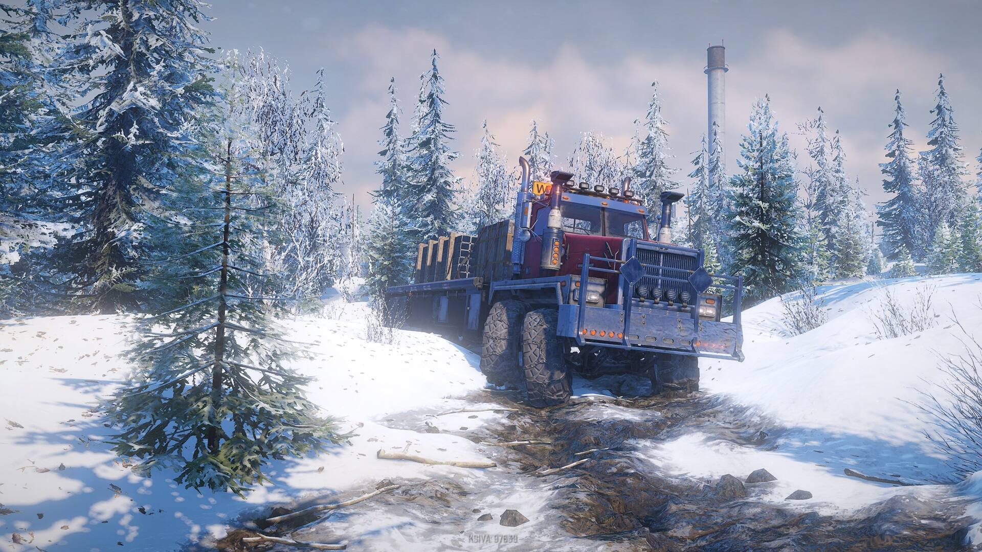 SnowRunner Truck in a Snowy Forest HD Wallpaper