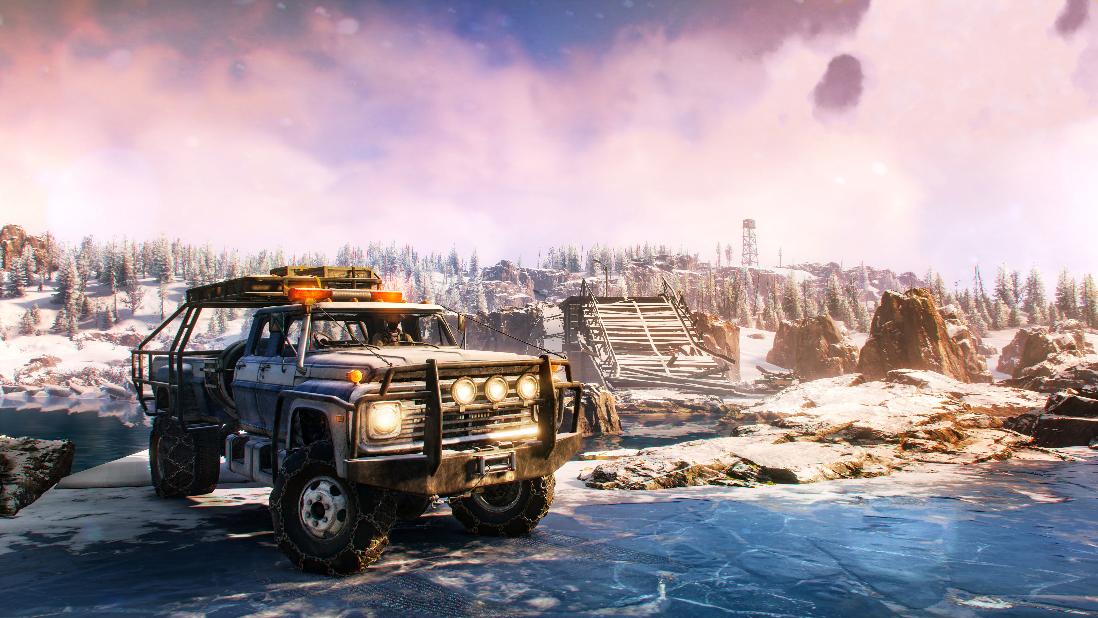SnowRunner 4K Off-Road Truck in Winter Landscape HD Wallpaper