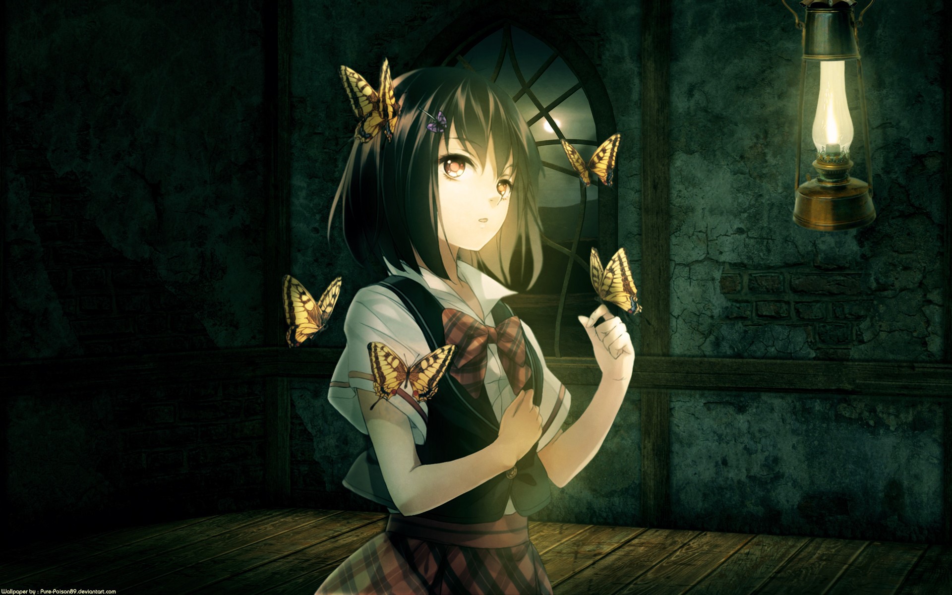 Anime girl with black hair and butterflies HD Wallpaper