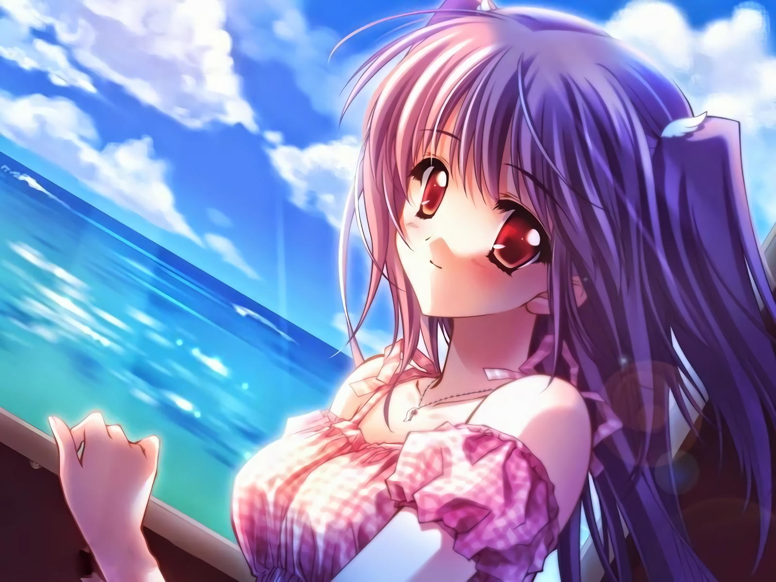 Anime girl with purple hair and red eyes by the sea HD Wallpaper