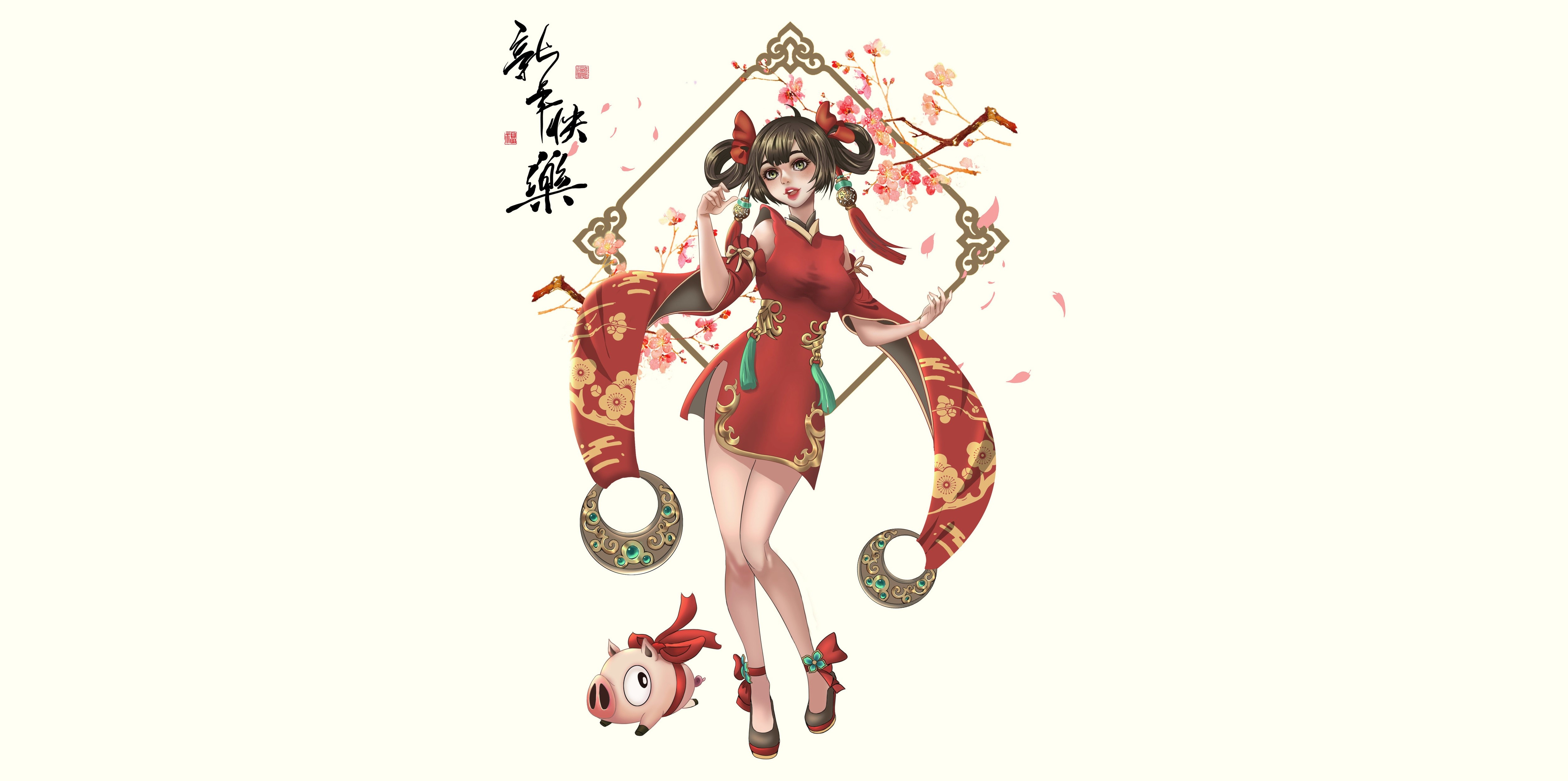 Anime girl in red dress with pig and cherry blossoms HD Wallpaper