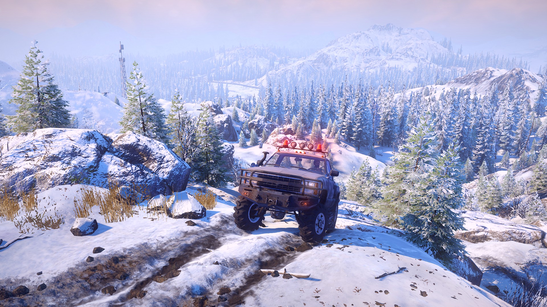 SnowRunner off-road truck driving on a snowy mountain HD Wallpaper