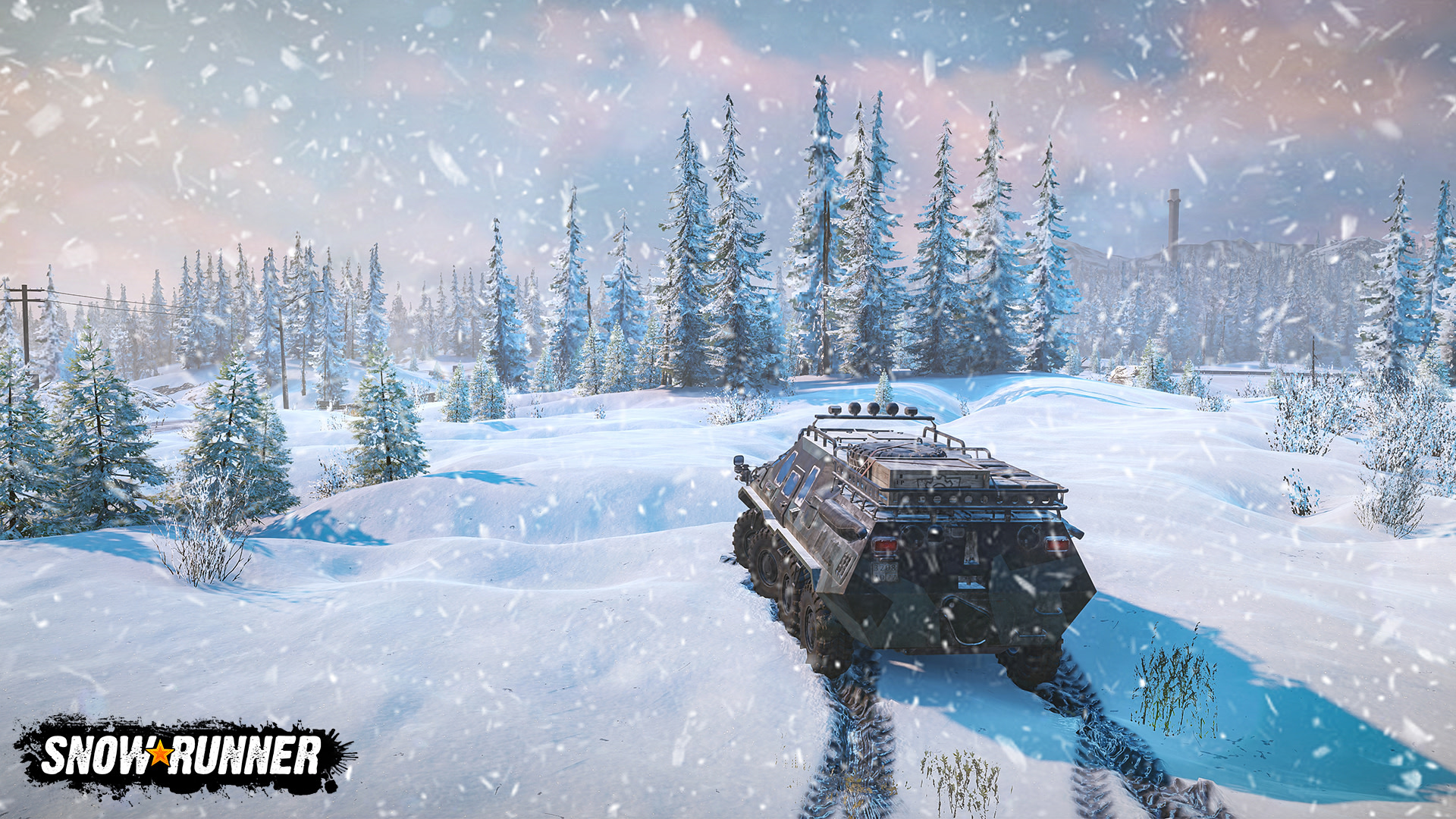 SnowRunner off-road vehicle in a snowy forest HD Wallpaper