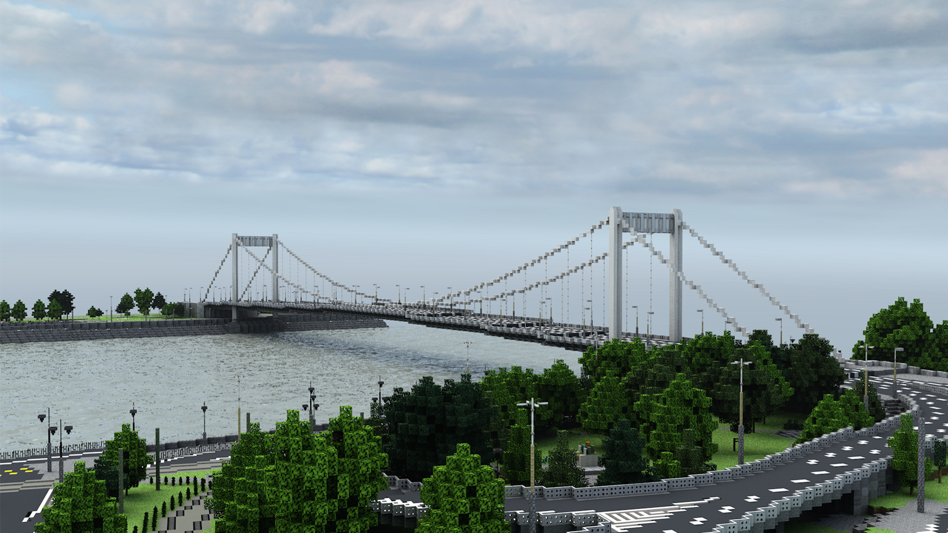 Elisabeth Bridge over a river in a Minecraft city HD Wallpaper